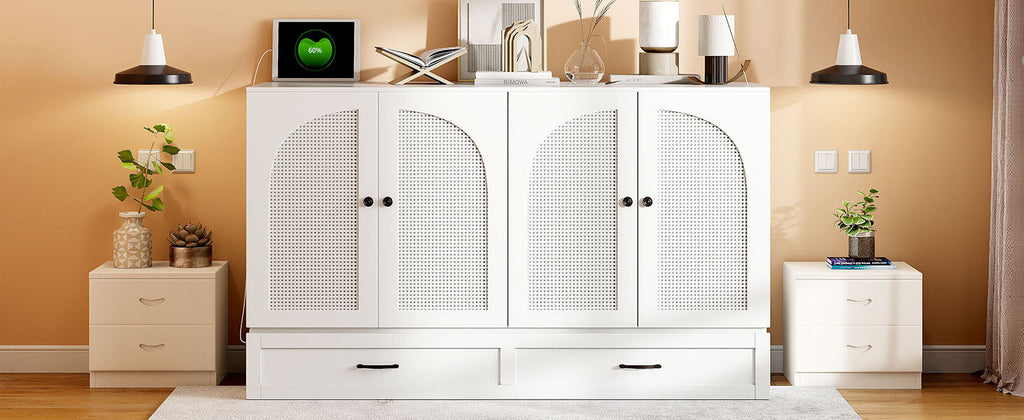Queen Size Murphy Bed with Large Drawers, White