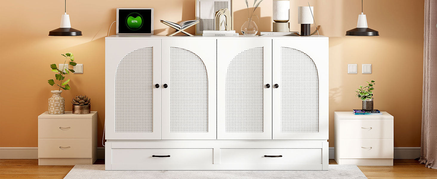 Queen Size Murphy Bed with Large Drawers, White