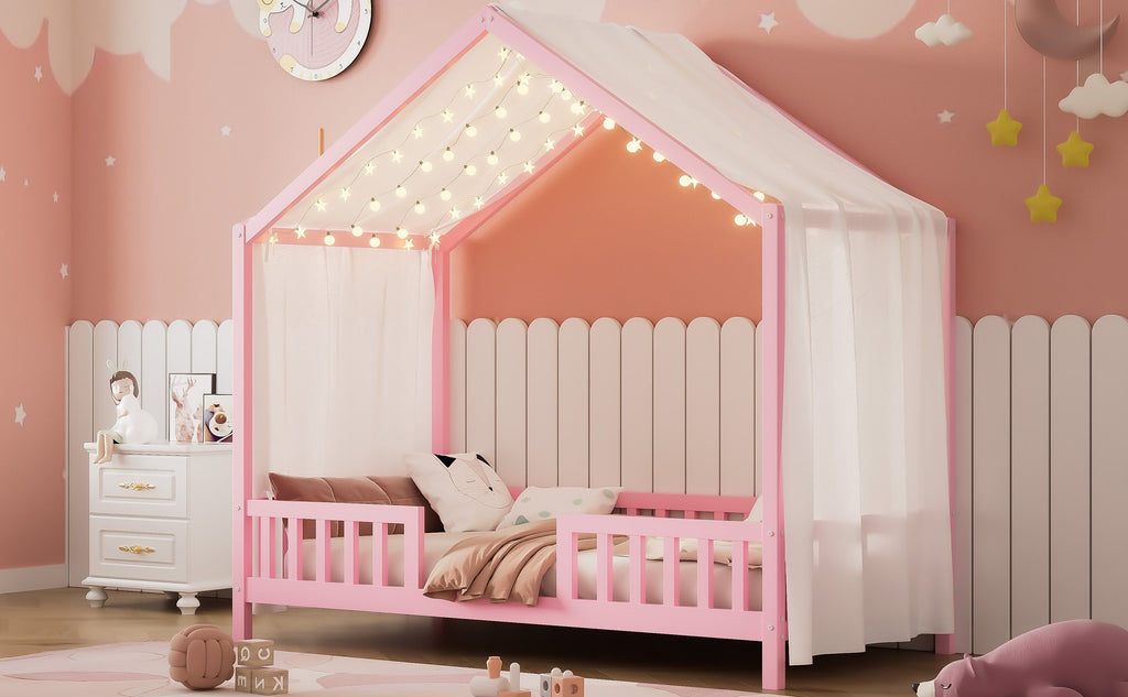 Montessori Floor Bed with Canopy, Twin Bed Frame for Kids, House Shape Kids Bed Frame with High Railings, Wood Kids Bed with Roof, Kid Twin Bed, Pink