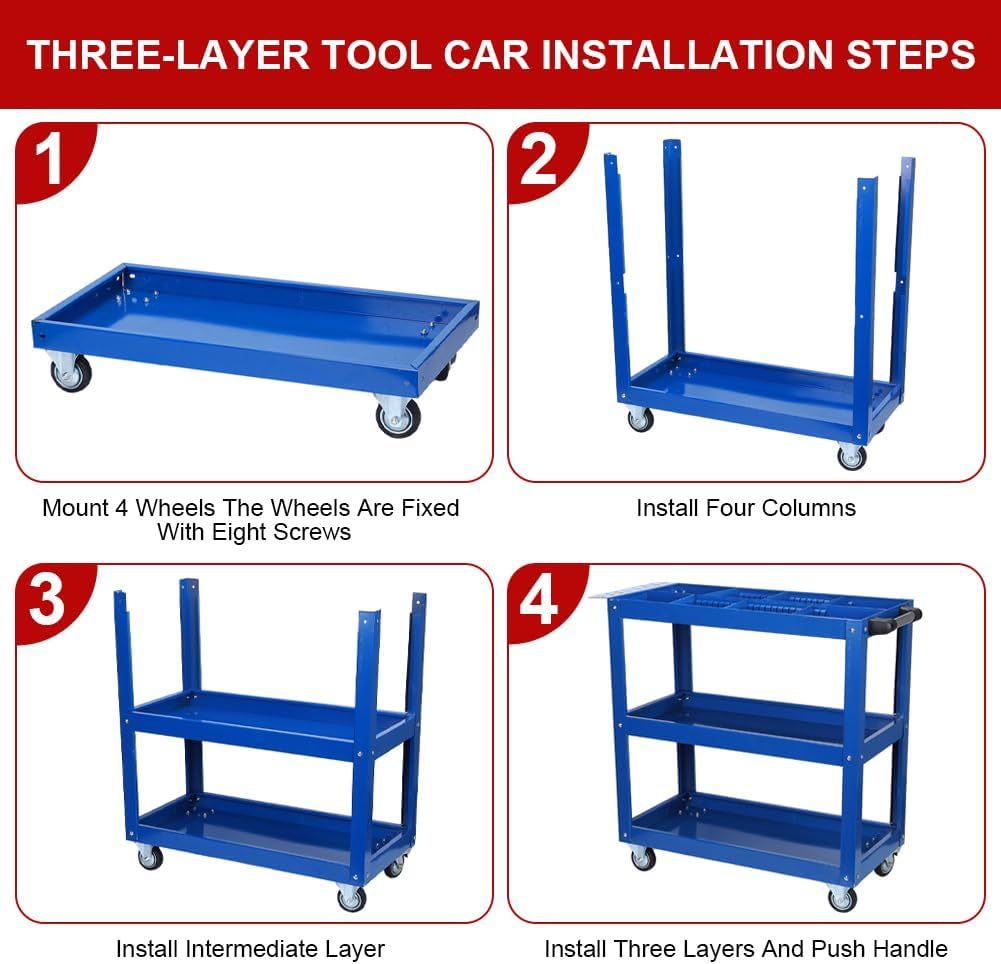 Tool Cart on Wheels, 3 Tier Rolling Mechanic Tool Cart, Heavy Duty Steel Utility Cart w/Lockable Wheels, 450 LBS Capacity Industrial Service Cart for Garage, Warehouse, Workshop (blue)