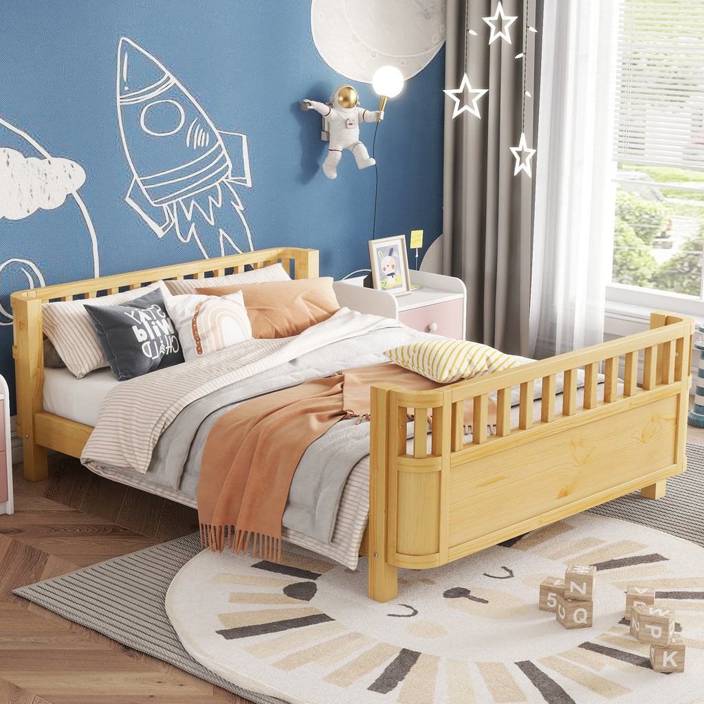 Full Size Wood Platform Bed for Kids, Wood Low Profile Full Bed with Rails for Girls and Boys, Natural (Patented Design, Old SKU W2593P233781)