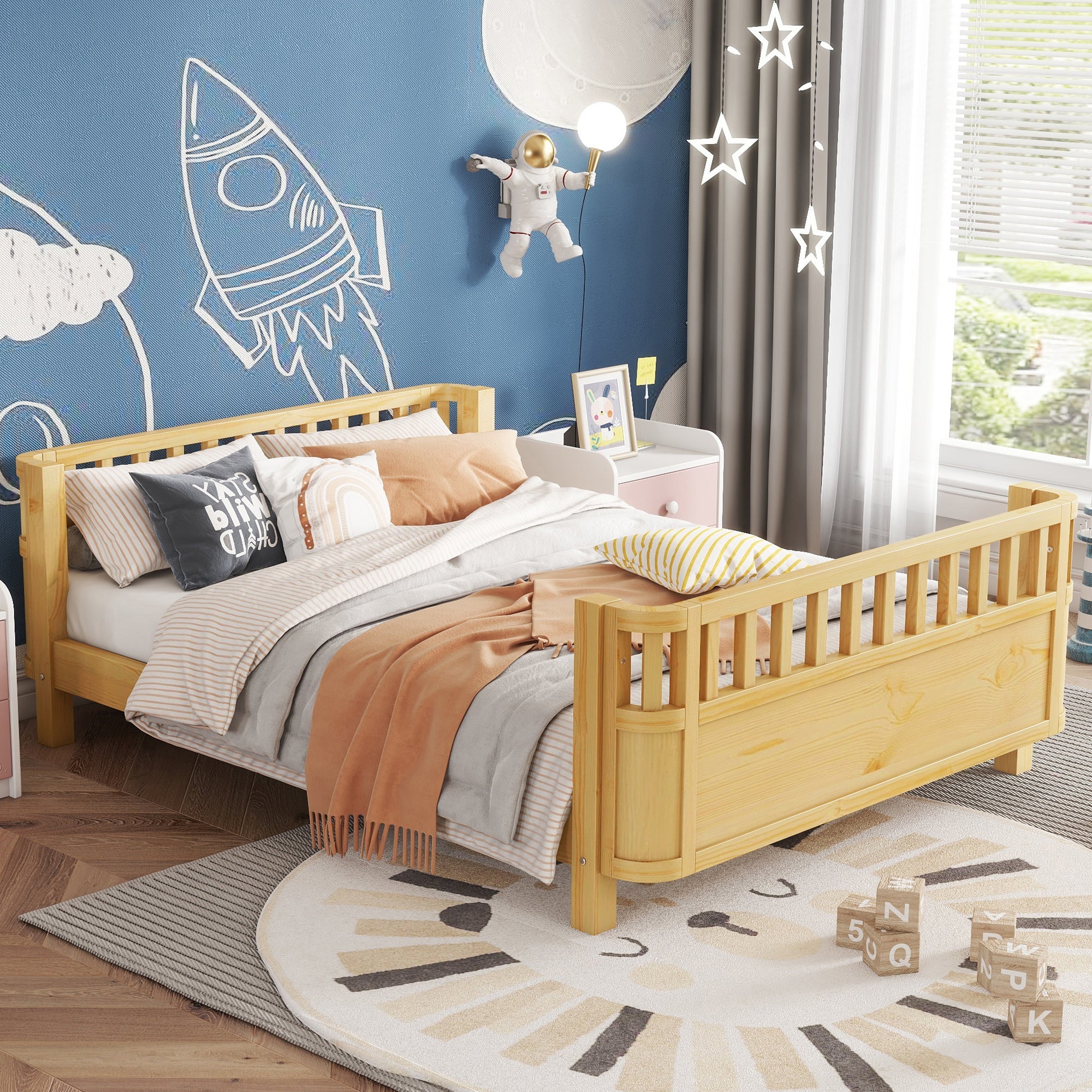 Full Size Wood Platform Bed for Kids, Wood Low Profile Full Bed with Rails for Girls and Boys, Natural (Patented Design, Old SKU W2593P233781)