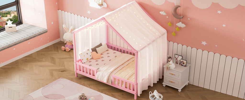 Montessori Floor Bed with Canopy, Full Bed Frame for Kids, House Shape Kids Bed Frame with High Railings, Wood Kids Bed with Roof, Kid Full Bed, Pink
