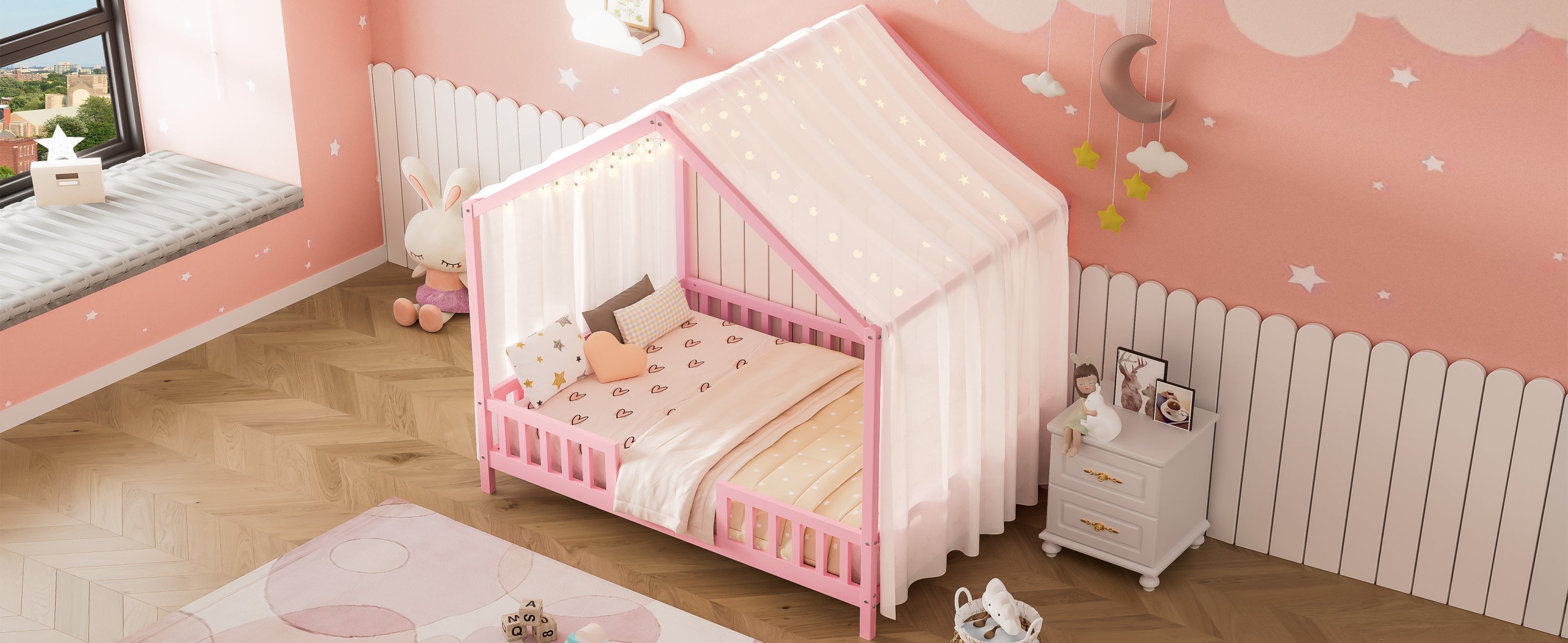 Montessori Floor Bed with Canopy, Full Bed Frame for Kids, House Shape Kids Bed Frame with High Railings, Wood Kids Bed with Roof, Kid Full Bed, Pink