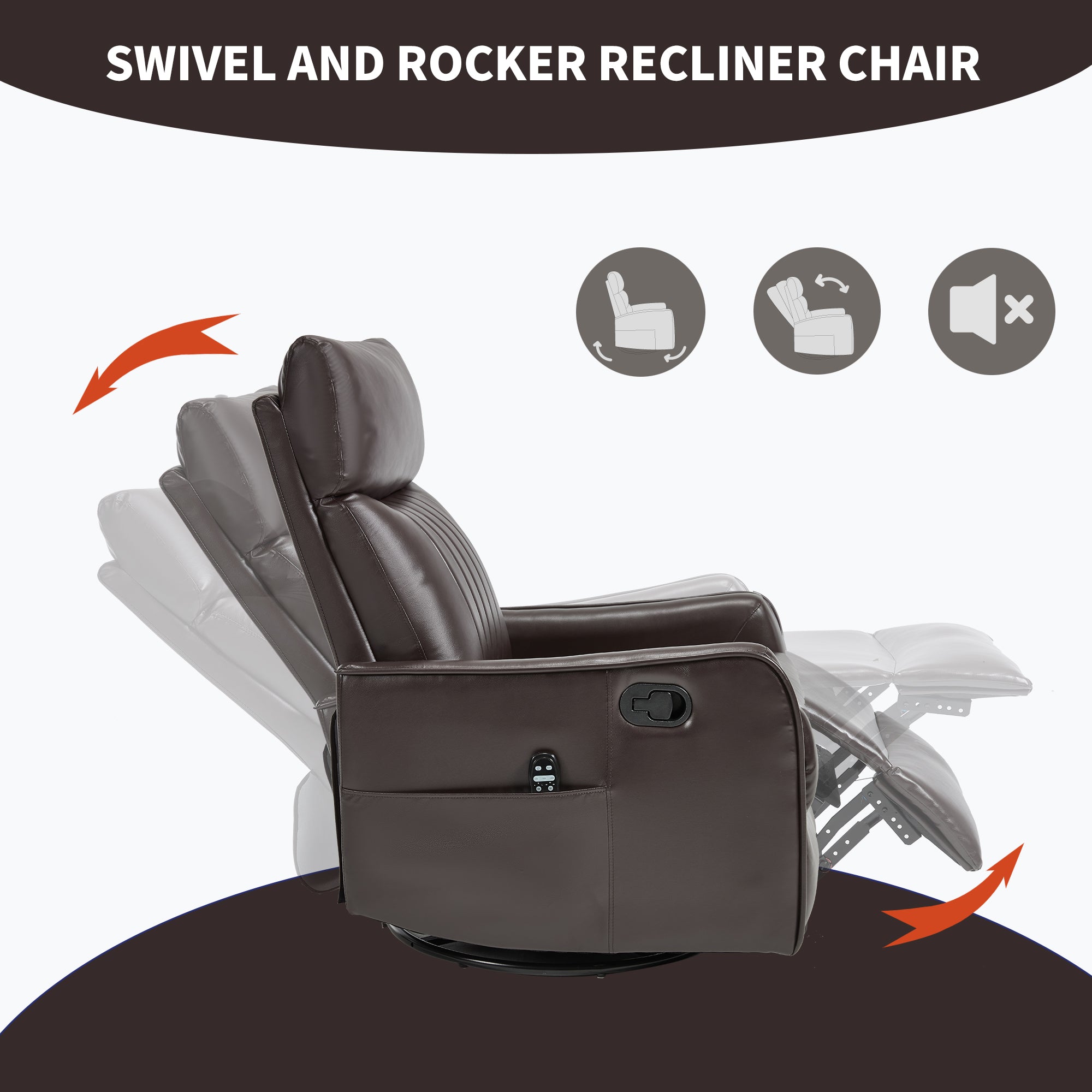 Brown Faux Leather Heat Massage Manual Recliner Chair with Rocker and Swivel for Living Room