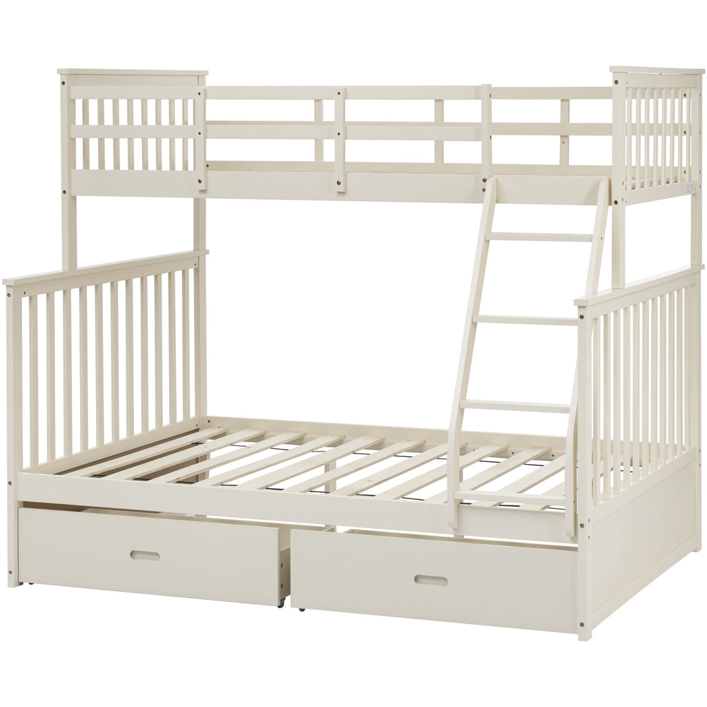 Twin Over Full Bunk Bed with Storage Drawers, Wooden Bunk Bed with Ladder and Safety Guard Rails –Cream