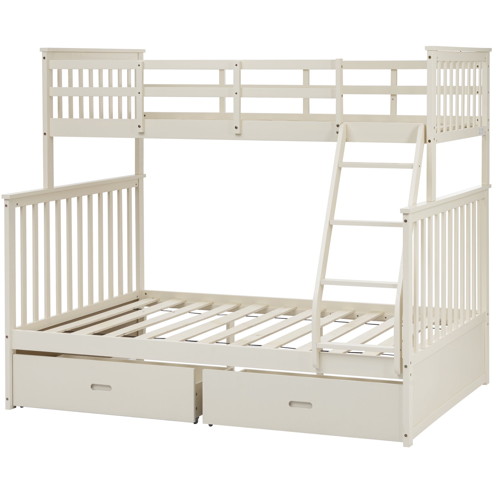Twin Over Full Bunk Bed with Storage Drawers, Wooden Bunk Bed with Ladder and Safety Guard Rails –Cream