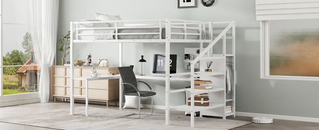 Queen Size Loft Bed with L-shaped Desk and USB, Metal Loft Bed with Wardrobe and Adjustable Shelf, High Loft Bed with LED for Kids Teens Adults, White