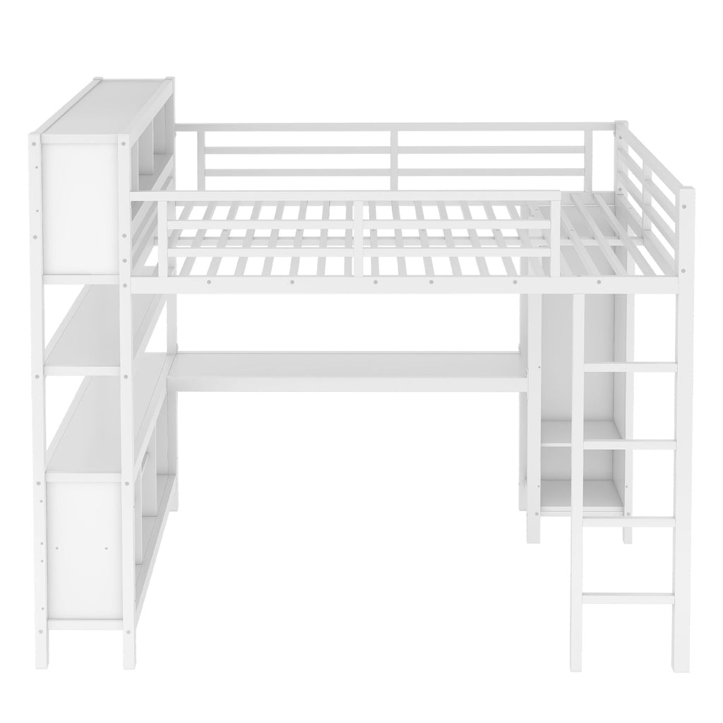 Metal Loft Bed with Wardrobe And L-shaped Desk, Queen Size Loft Bed with Storage Cubes and Shelves, Heavy Duty Loft Bed for Kids Teens Adults, White