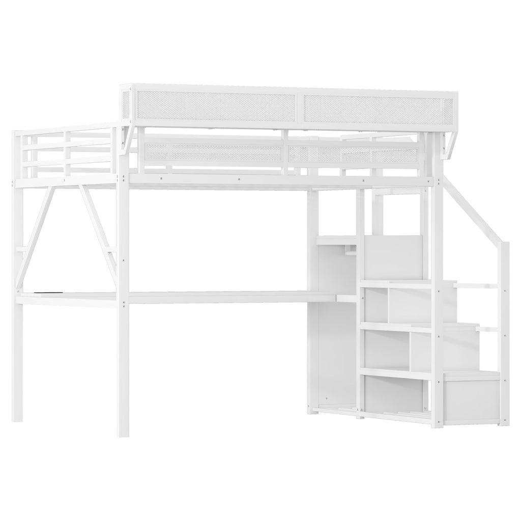 Queen Loft Bed with Desk and Charging Station, Queen Size Metal Loft Bed with Stairs and Light for Kids Teens,White(Old SKU W2580S00033)