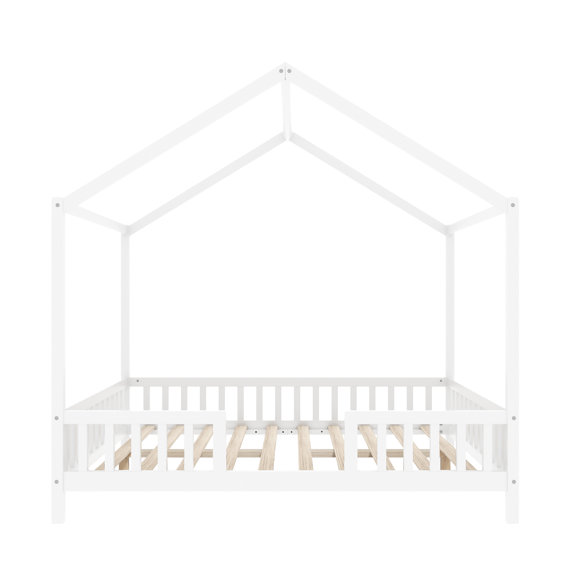 Montessori Floor Bed with Canopy, Full Bed Frame for Kids, House Shape Kids Bed Frame with High Railings, Wood Kids Bed with Roof, Kid Full Bed, White