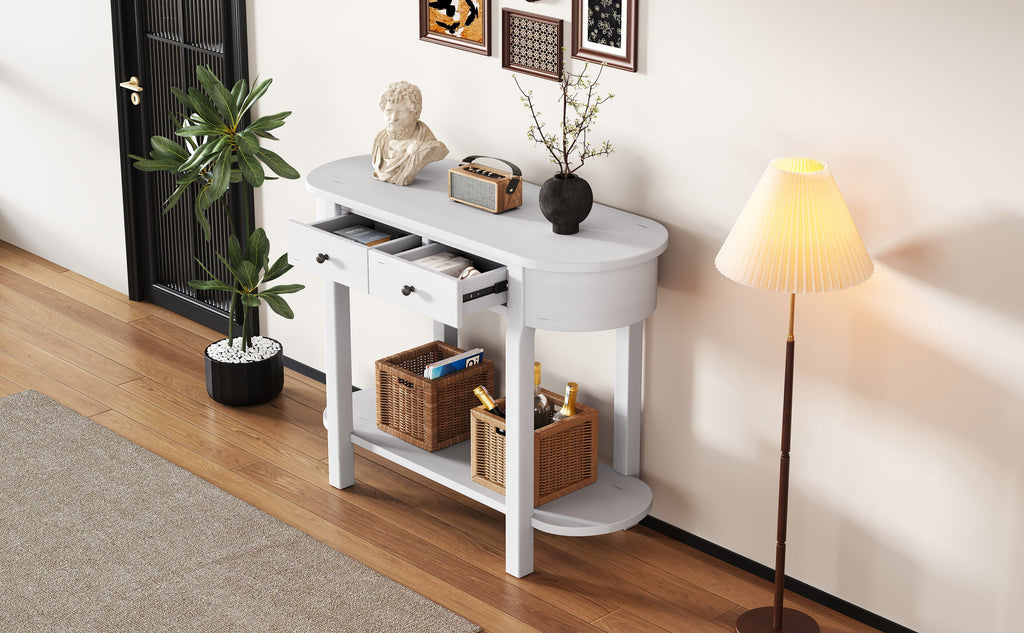 TREXM Elegant Retro Console Table with Curved Design and Smooth Glaze for Entryways, Living Rooms and hallways (Antique White)