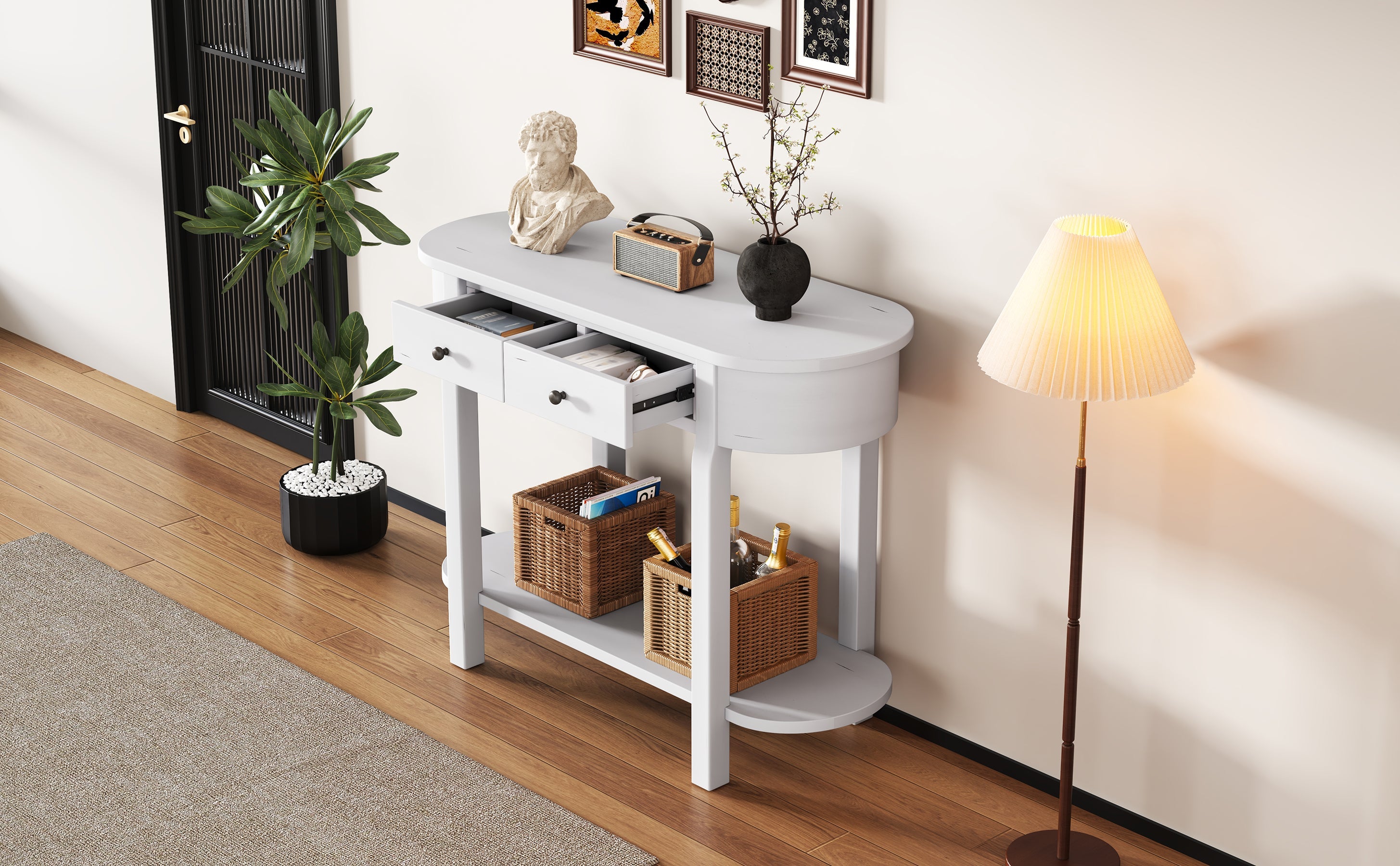 TREXM Elegant Retro Console Table with Curved Design and Smooth Glaze for Entryways, Living Rooms and hallways (Antique White)