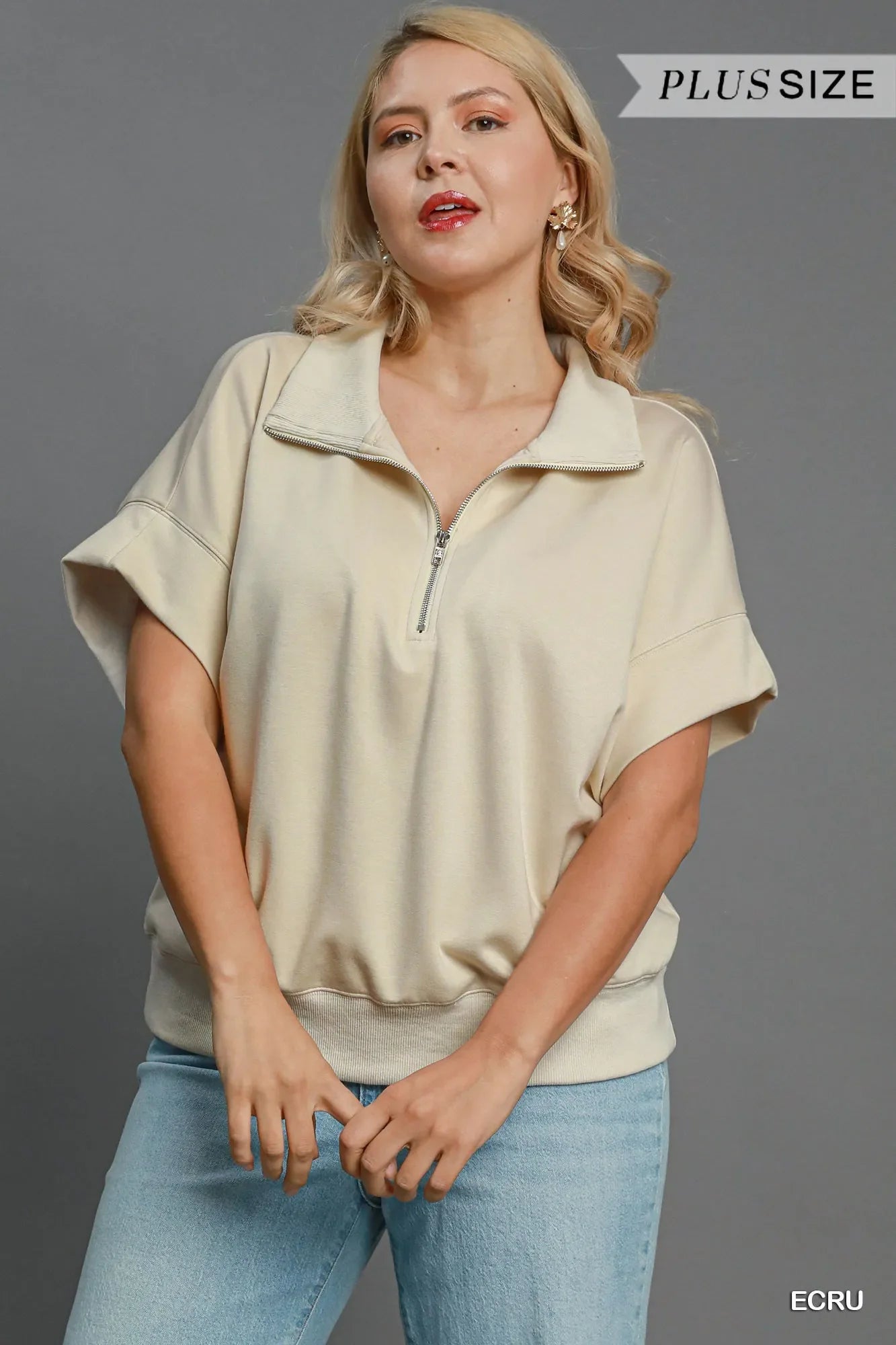 Umgee Full Size Half-Zip Short Sleeve Top Plus Size