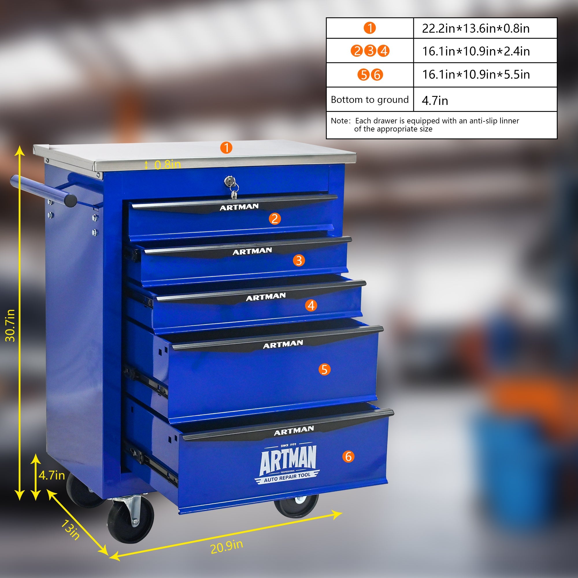 5 Drawers Multifunctional Tool Cart with Wheels,Metal Rolling Tool Cart Storage for Garage Workshop Warehouse Repair Shop--With Stainless Steel Roof- BLACK&BLUE