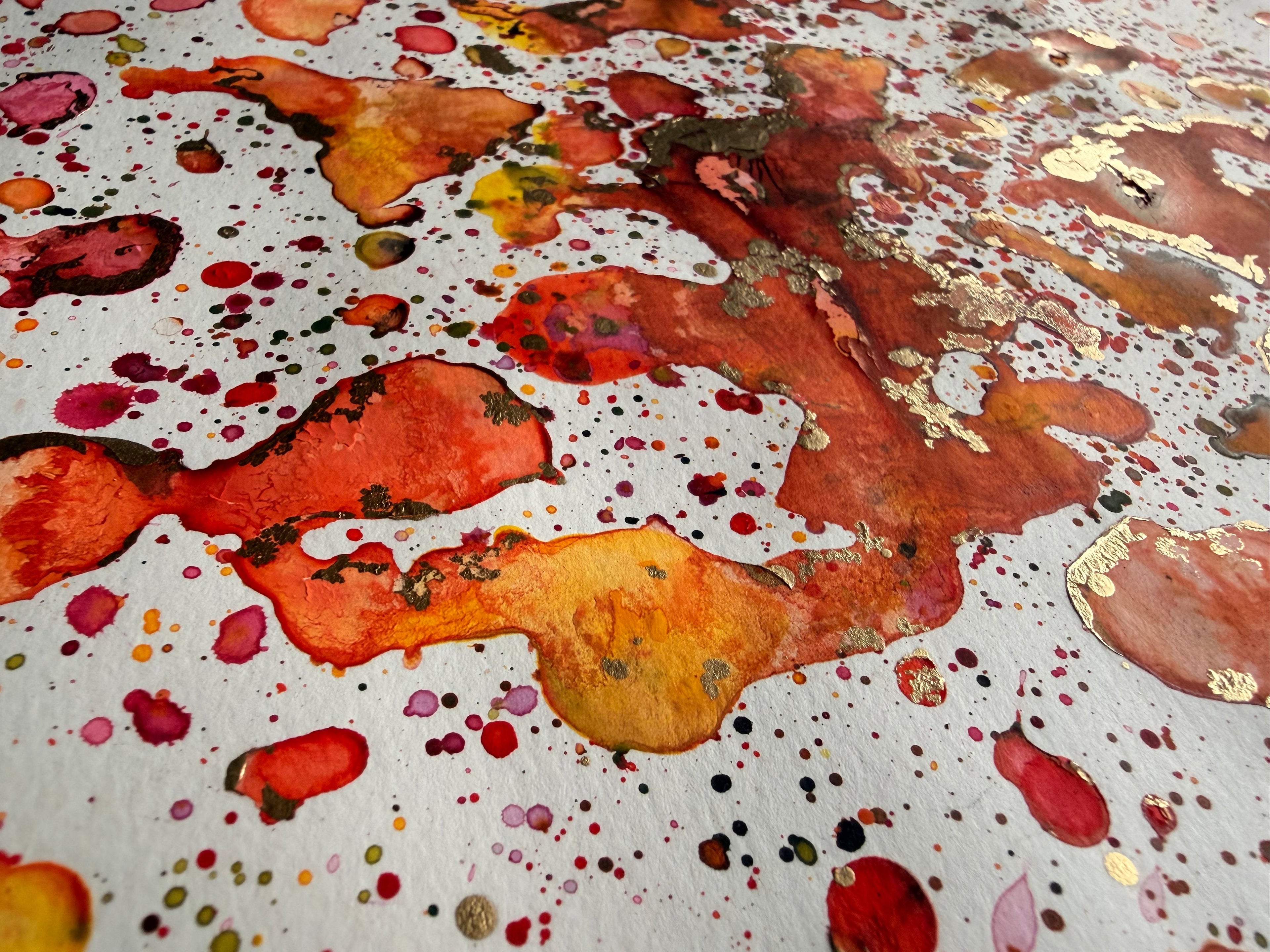 Red & Gold Watercolor Painting 14x17 - Original Art
