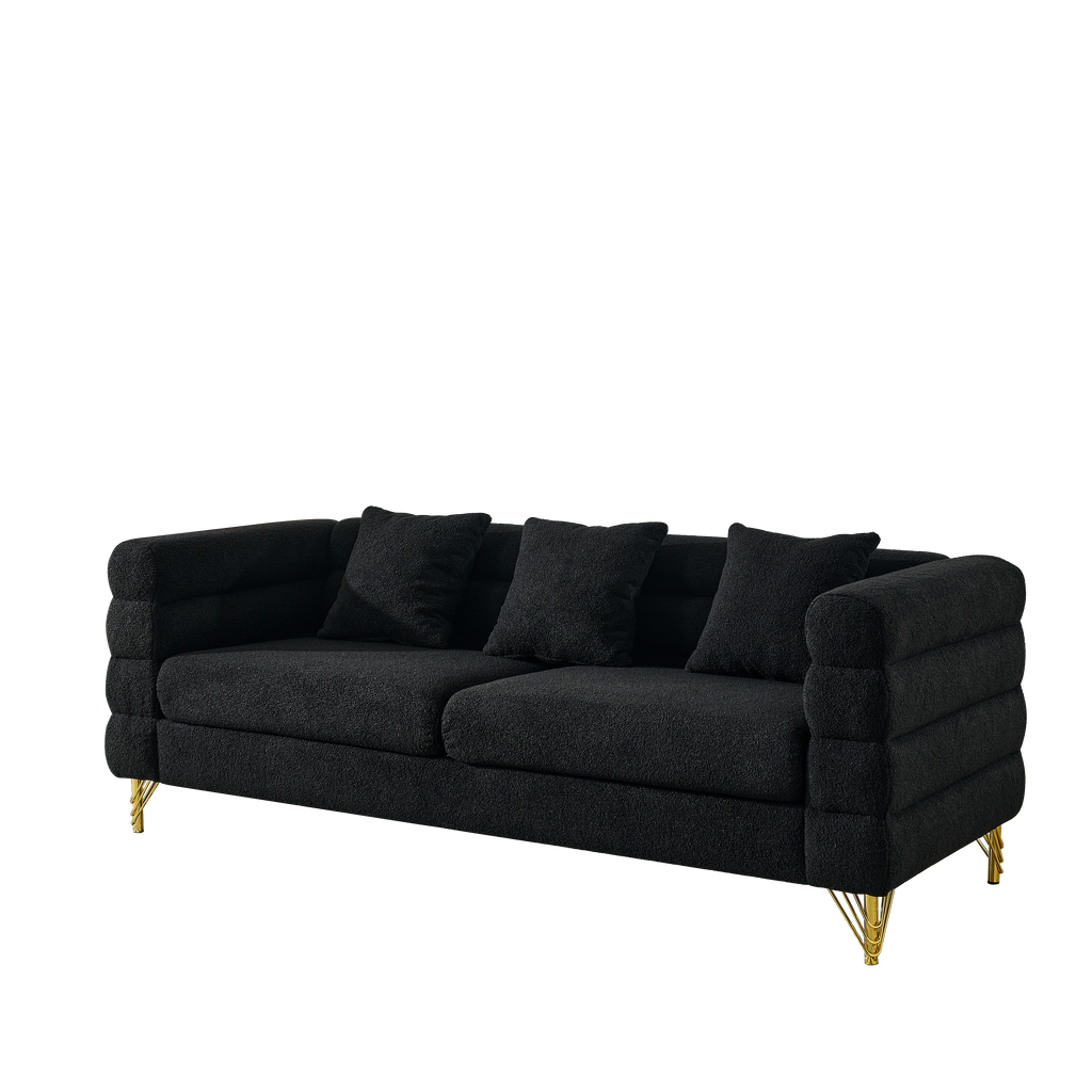81 Inch Oversized 3 Seater Sectional Sofa, Living Room Comfort Fabric Sectional Sofe-Deep Seating Sectional Sofa, Soft Sitting with 3 Pillows for Living Room,Bedroom,Office, Black teddy(W834S00035)