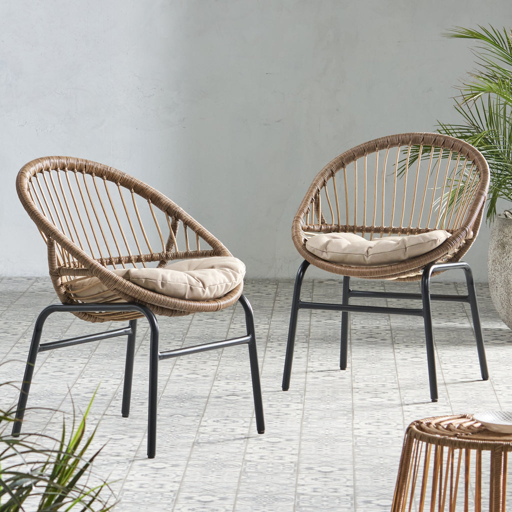 Outdoor Accent Chair with Curved Back and Basket Frame, Set of 2, Light Brown and Beige