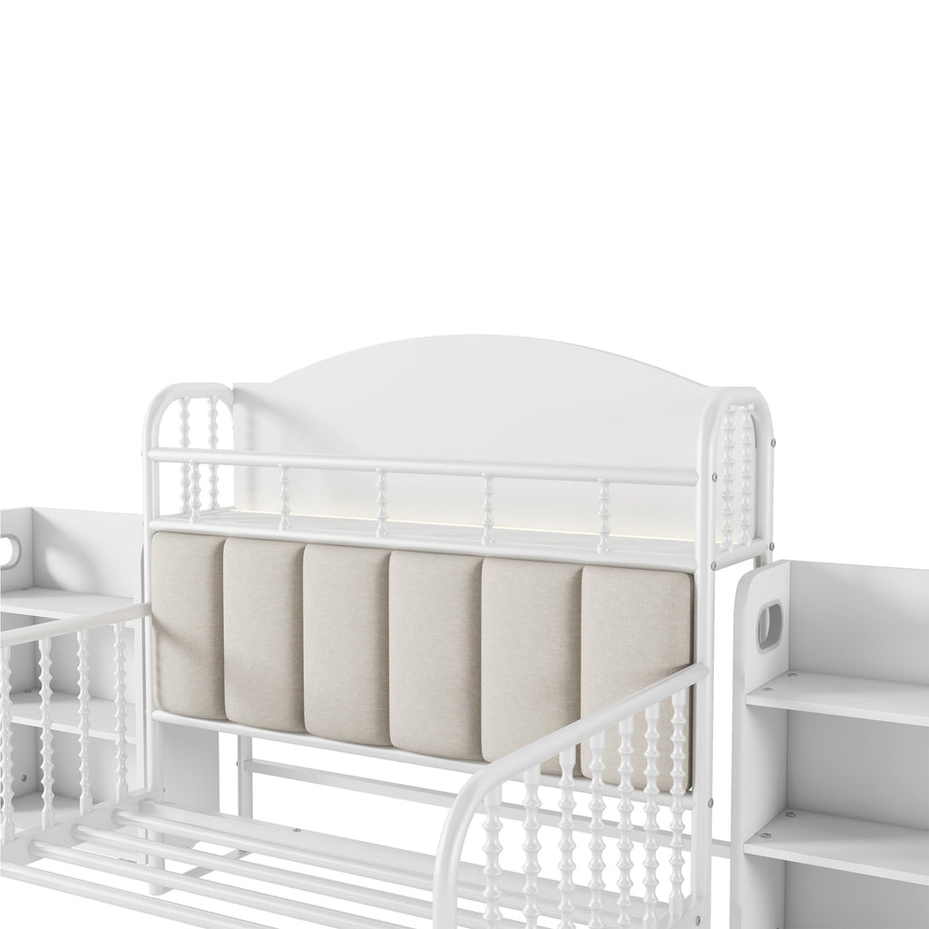 Twin Size Metal Platform Bed Frame with Light, Kids Twin Metal Bed with Upholstered and Pull Out Storage Shelves, White (Expect Arrival Date 2025/10/5)