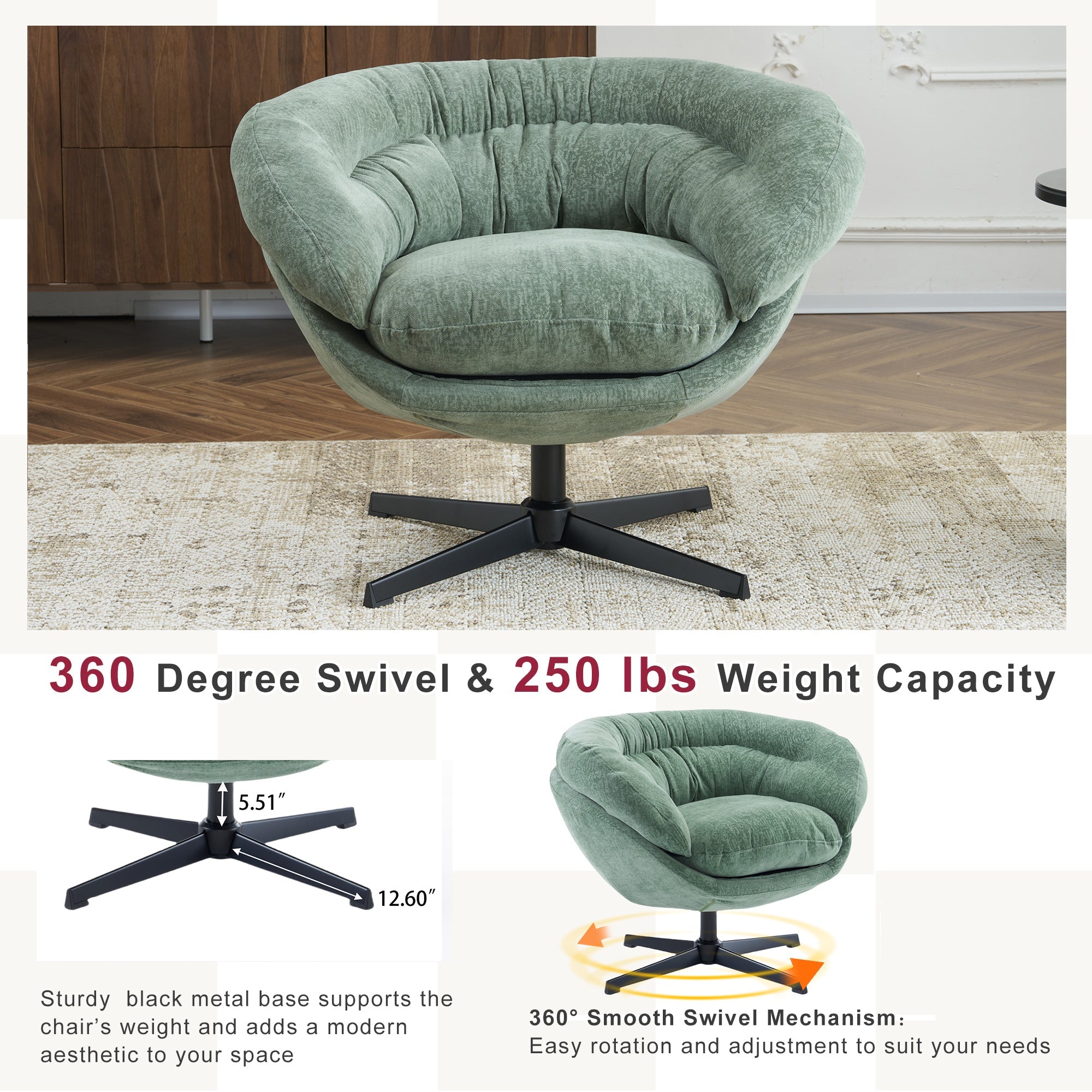 Modern Chenille Office Chair, 360° Swivel Club Chair/Accent Chair with Removable Cushion, Round Office Chair, Black Metal Base, Cotton Material, Living Room, Bedroom, Reading Corner, Office (Green)
