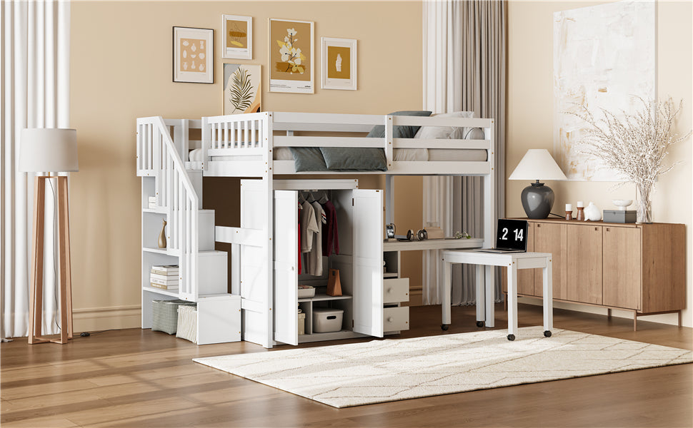 Full Size Loft Bed with Stairs, Bookshelf, Drawers, Desk & Wardrobe – Space-Saving Multifunctional Furniture for Kids & Teens-White