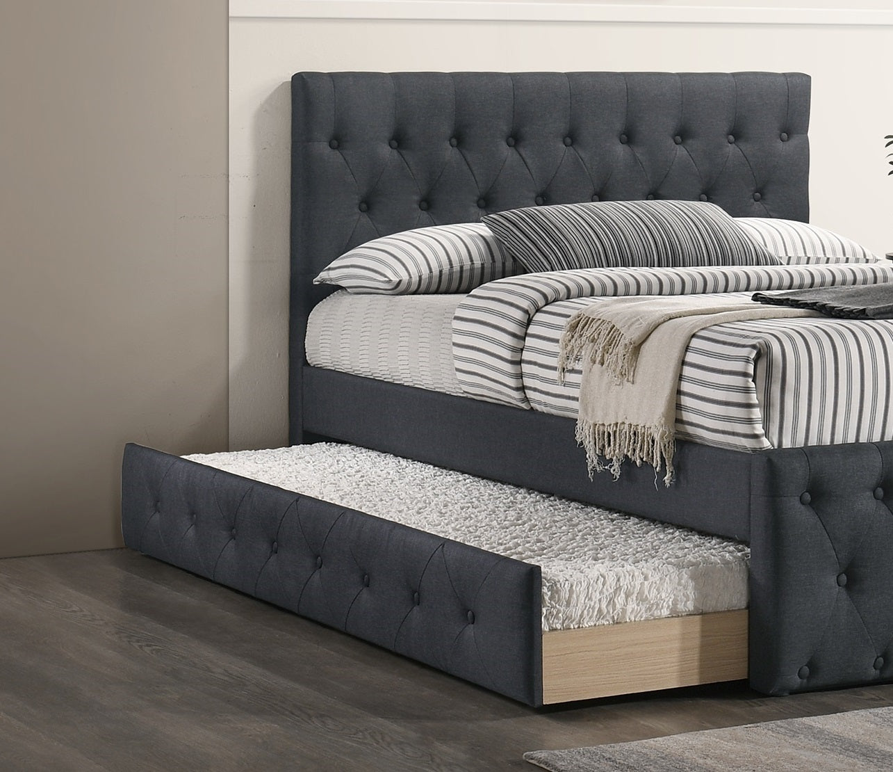 Contemporary Full Size Bed w/ Trundle Slats Charcoal Burlap Upholstered Button Tufted Headboard Footboard Youth Bedroom Furniture wooden Slats 1pc Bed