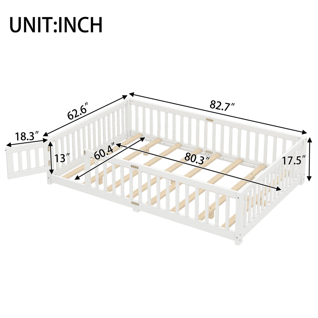 Queen Size Bed Floor Bed with Safety Guardrails and Door for Kids, White(Old SKU:  W1580P154628 )