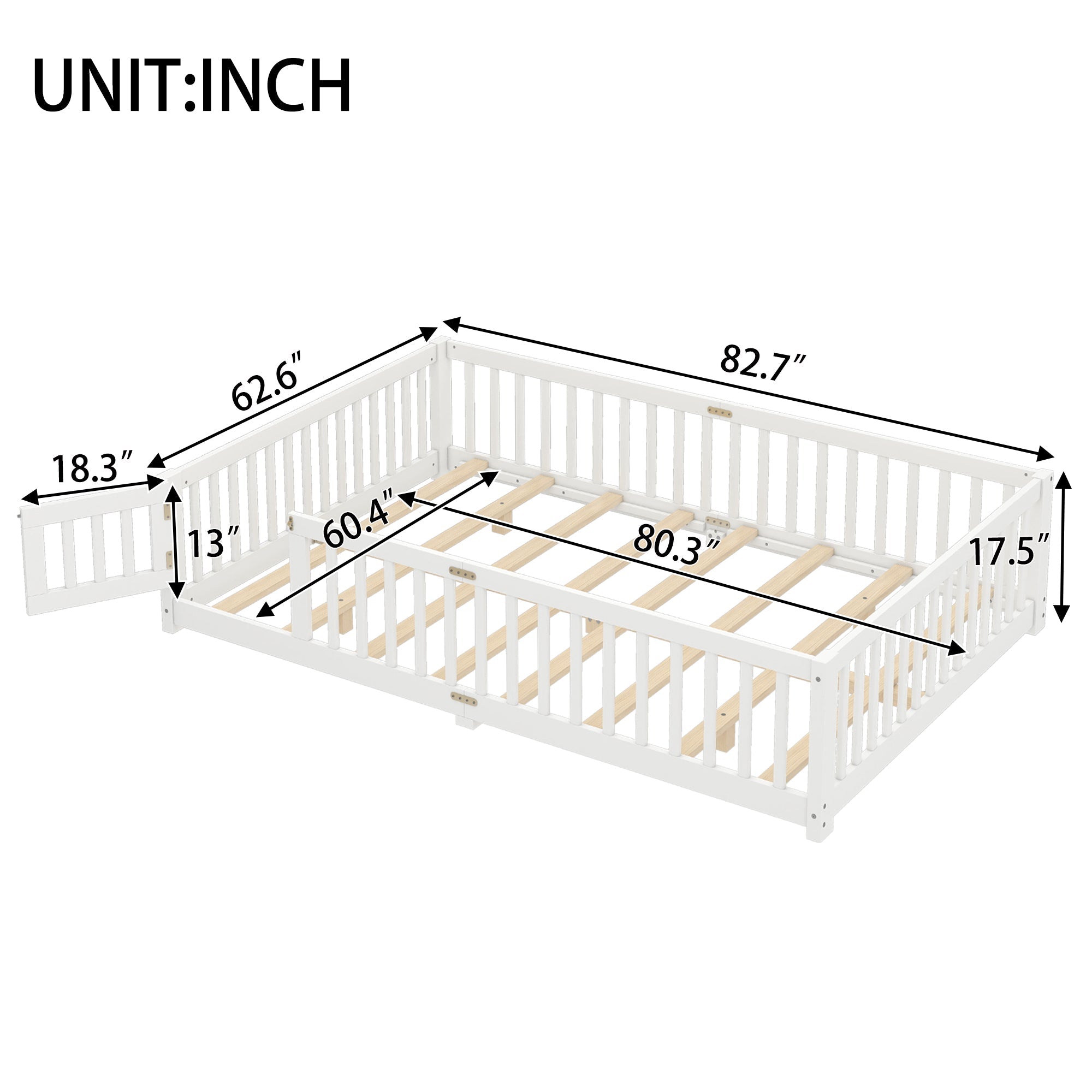 Queen Size Bed Floor Bed with Safety Guardrails and Door for Kids, White(Old SKU:  W1580P154628 )