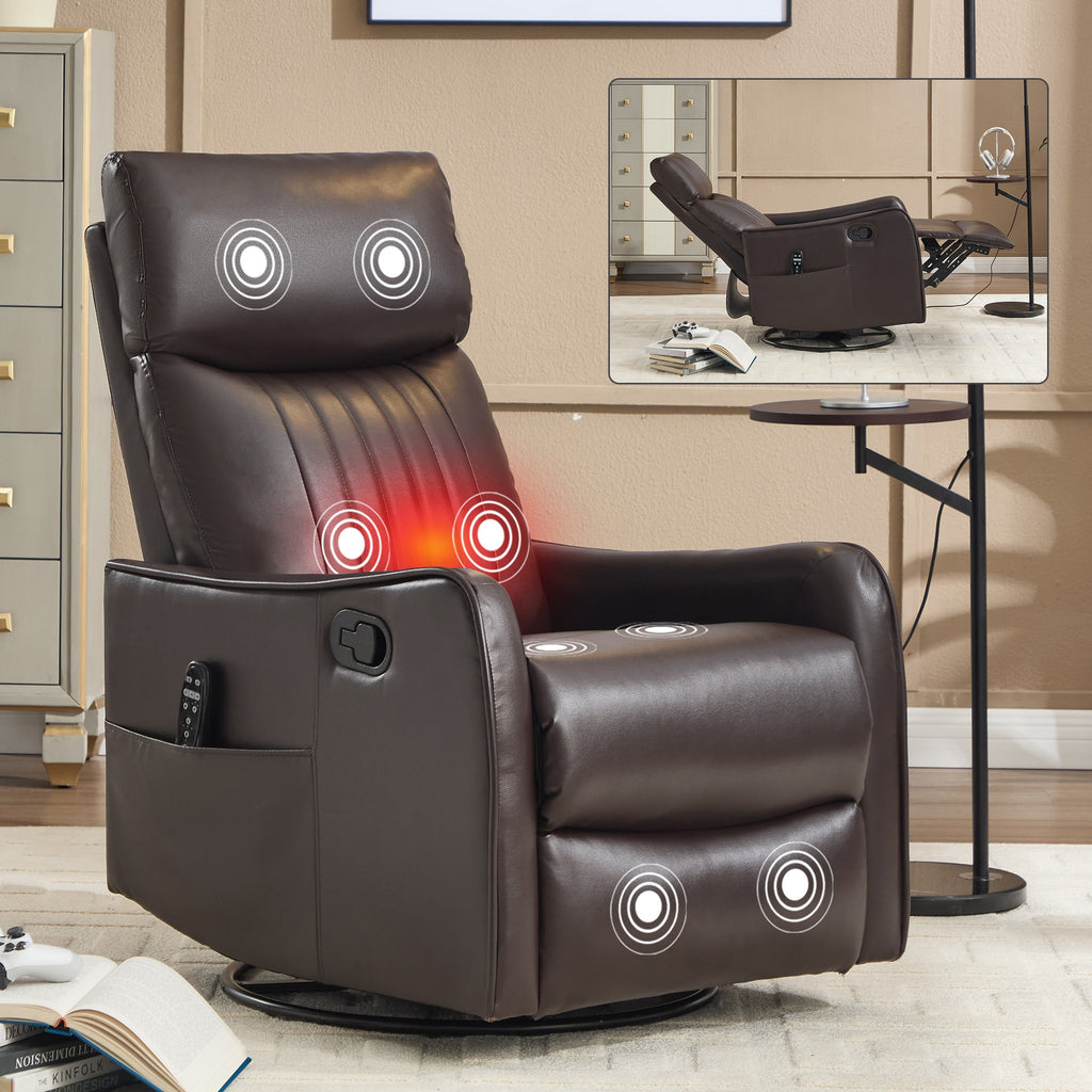Brown Faux Leather Heat Massage Manual Recliner Chair with Rocker and Swivel for Living Room