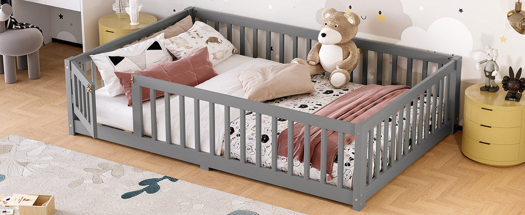 Full Size Bed Floor Bed with Safety Guardrails and Door for Kids, Gray(Old SKU: W1580P154626)