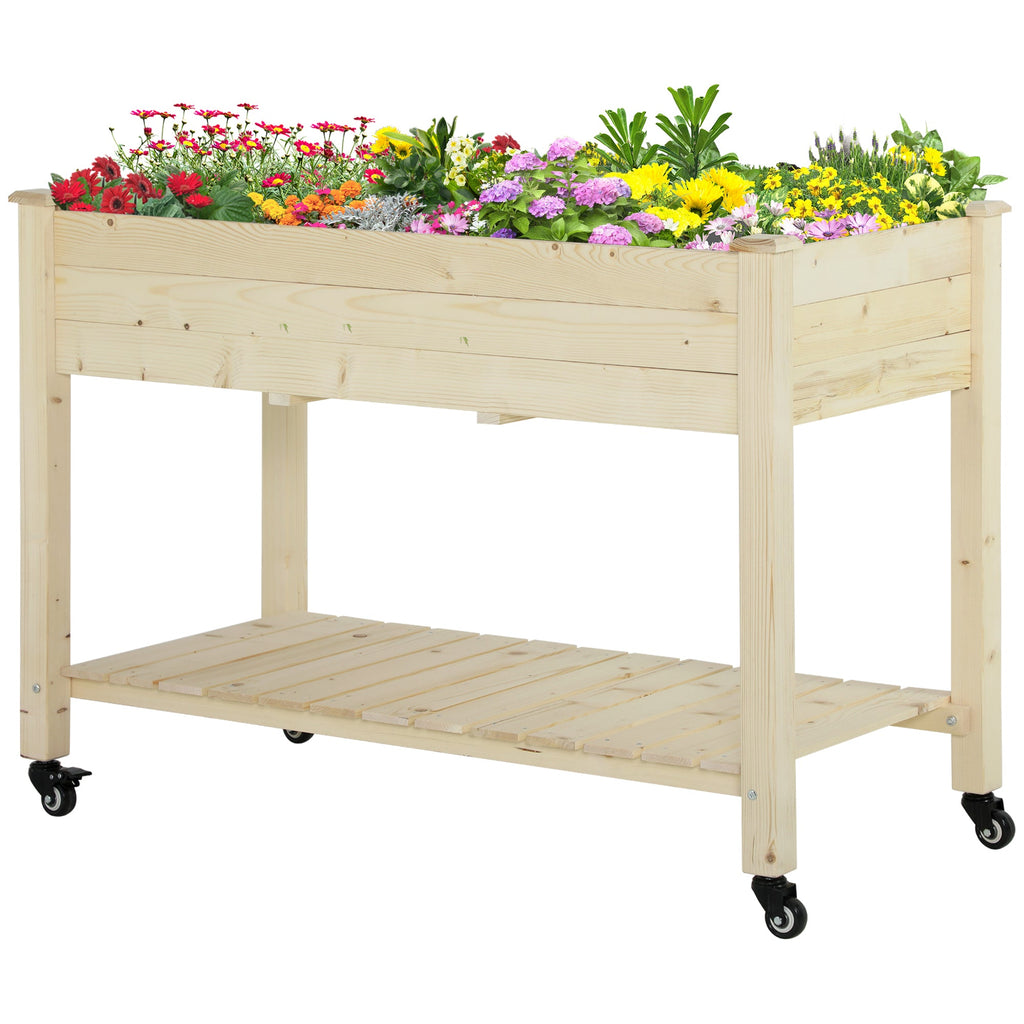 Outsunny Raised Garden Bed with Lockable Wheels and Storage Shelf, Natural Wood, 47 x 22 x 33 Inches