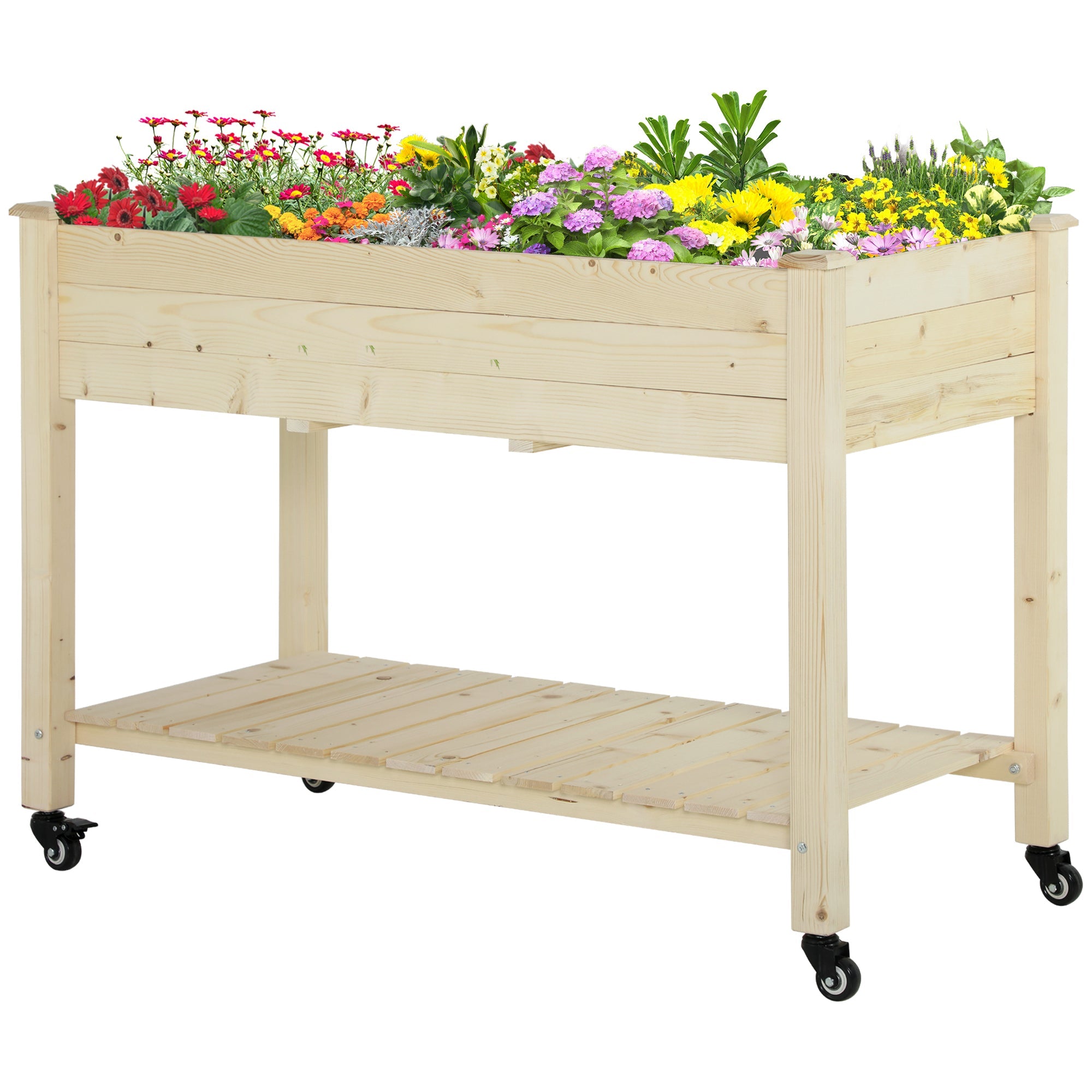 Outsunny Raised Garden Bed with Lockable Wheels and Storage Shelf, Natural Wood, 47 x 22 x 33 Inches