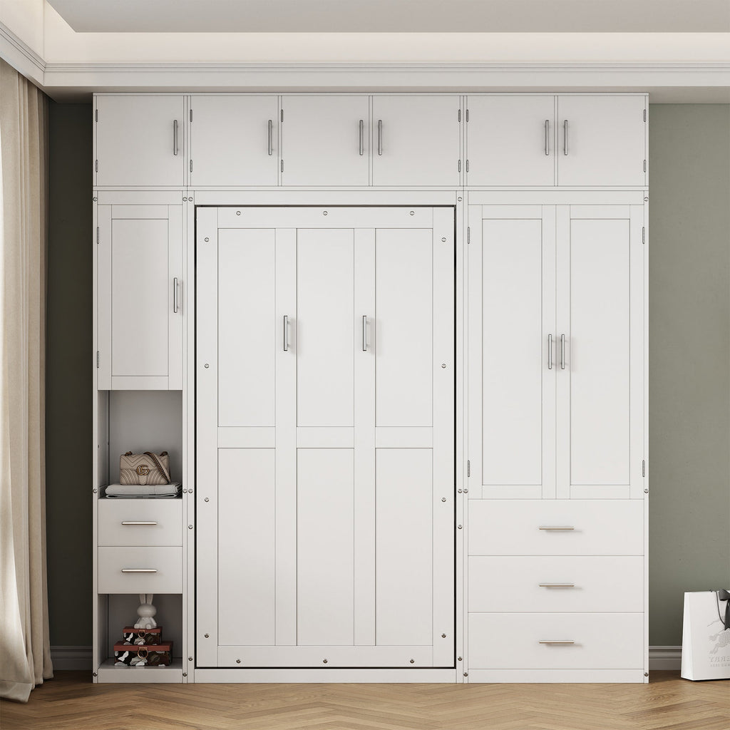 White Twin Size Murphy Bed with Lockers and Wardrobes, MDF+Pine, 93.2''L x 15.7''W x 99''H