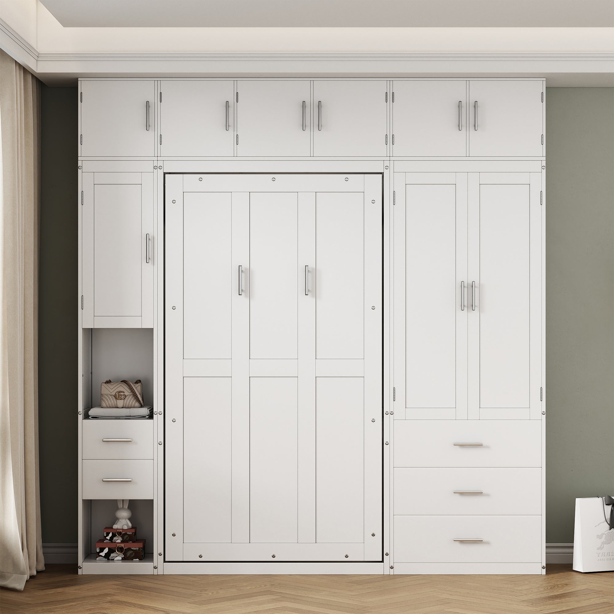 White Twin Size Murphy Bed with Lockers and Wardrobes, MDF+Pine, 93.2''L x 15.7''W x 99''H