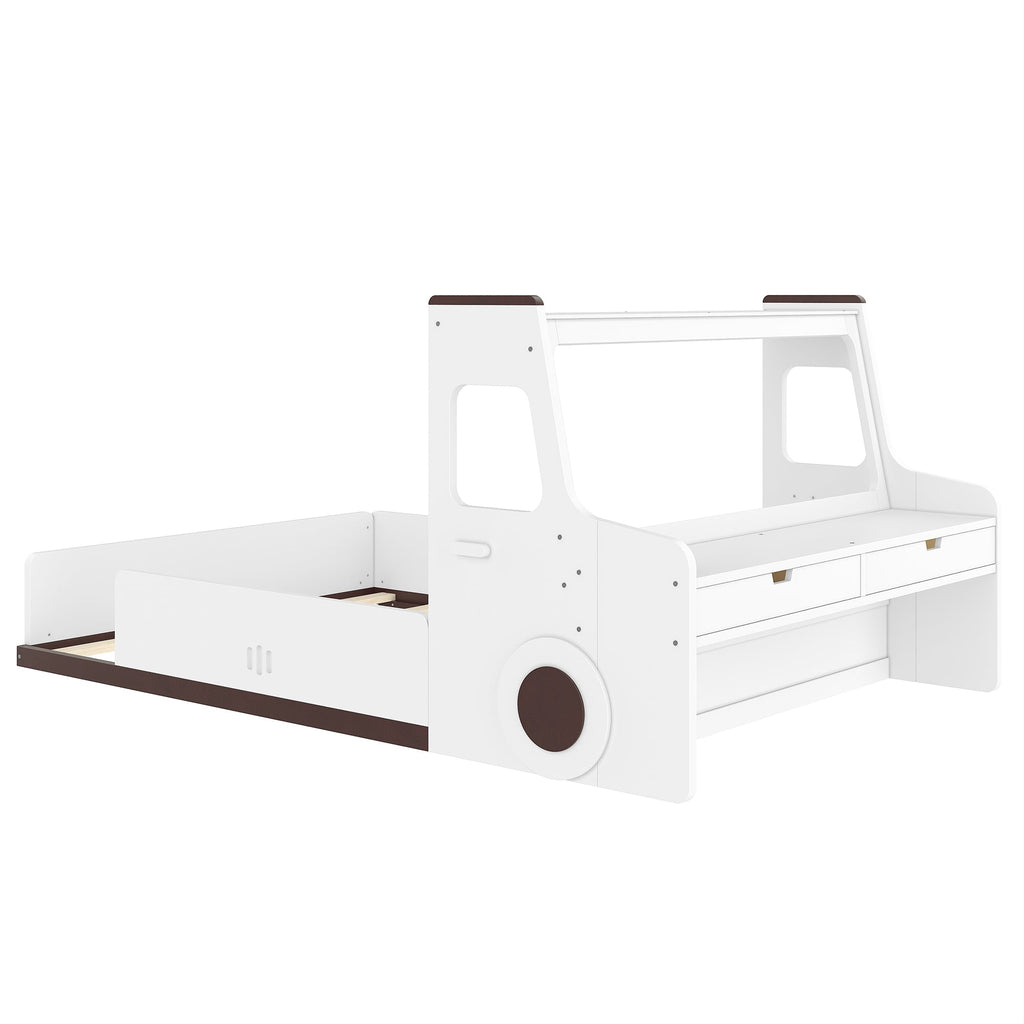 Full Size Floor Bed with Interesting Car-shape Design, Kids Car Floor Bed with Storage Drawers, Window, and Desk, Childlike Design, White