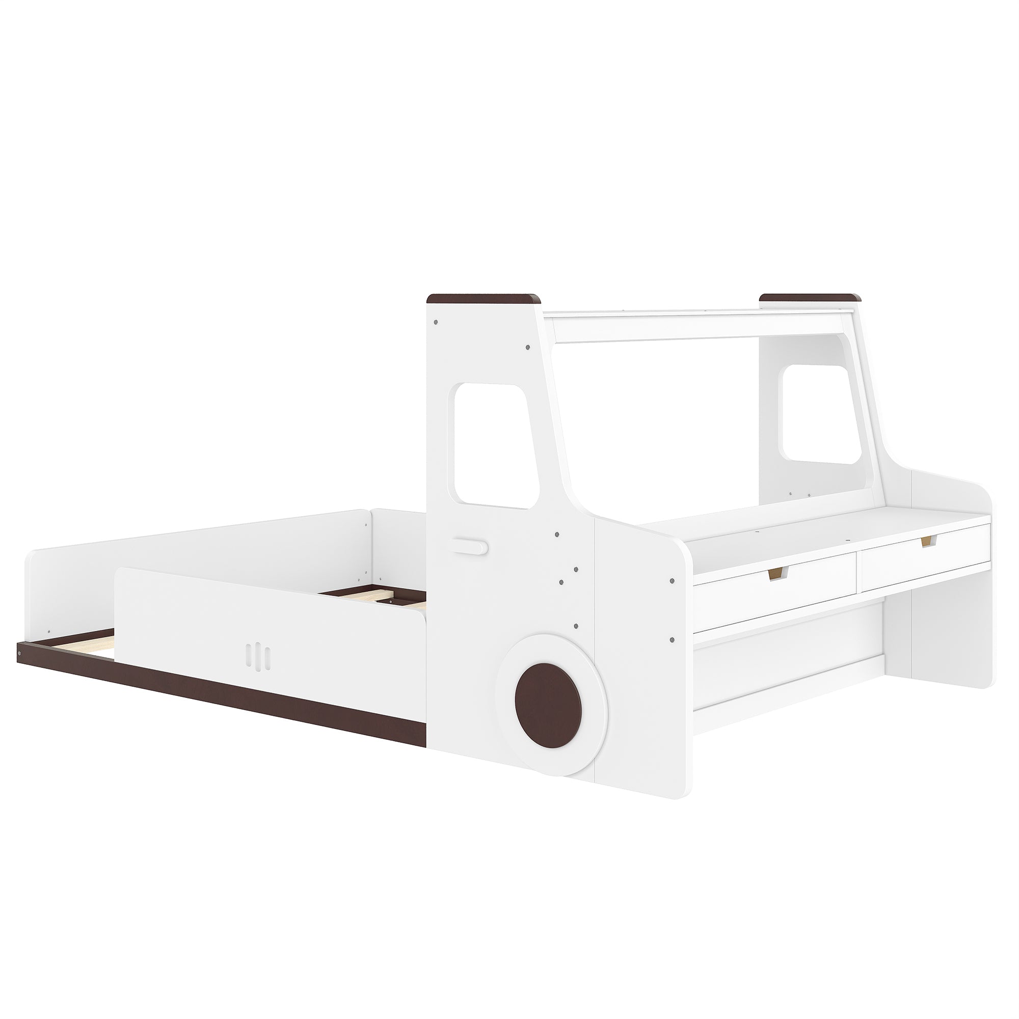 Full Size Floor Bed with Interesting Car-shape Design, Kids Car Floor Bed with Storage Drawers, Window, and Desk, Childlike Design, White