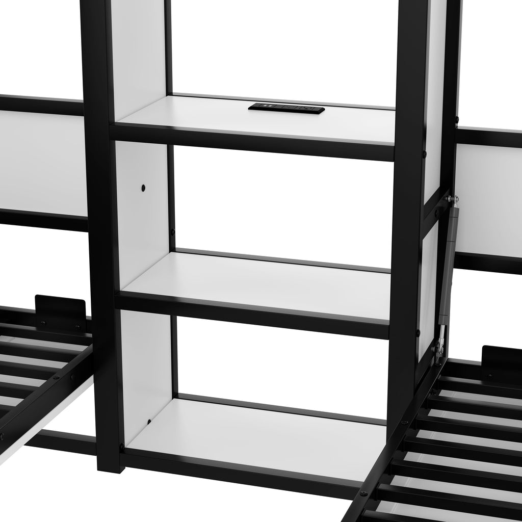 Twin and Twin Murphy Bed, Metal Foldable Murphy Bed with Wardrobe, Shelves and Power Outlets, 2 in 1 Design, Space-saving, White