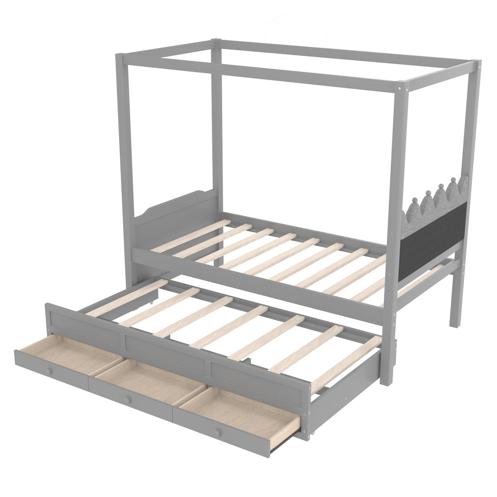 Twin Platform Bed with Upholstered Headboard,Twin Size Trundle and 3 Drawers,Princess Canopy Bed Frame for Kids,Storage & Easy Assembly,Gray