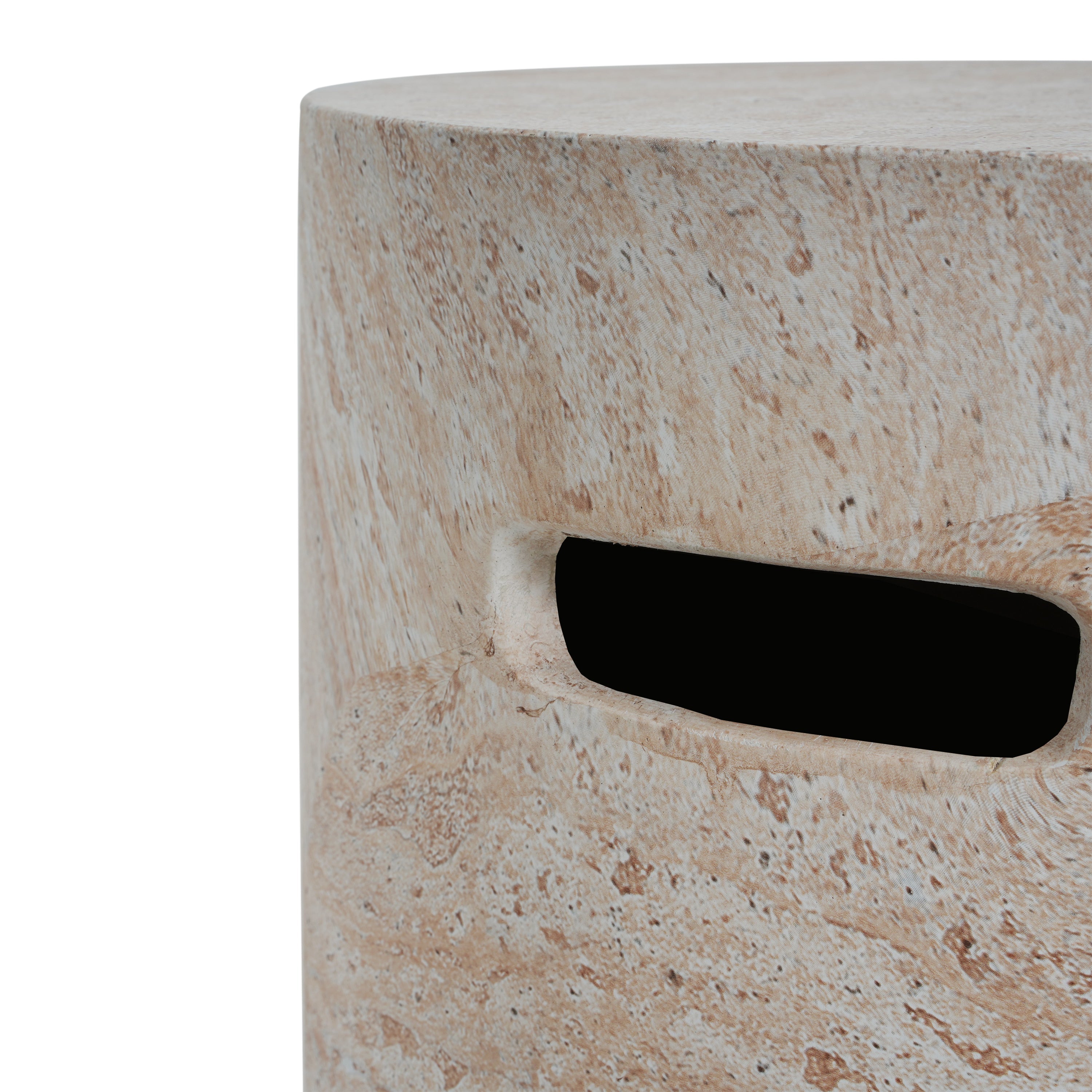 Modern Concrete Side Table with Travertine Finish, Indoor/Outdoor Use, Beige, 15.5 x 15.5 x 18.5 inches