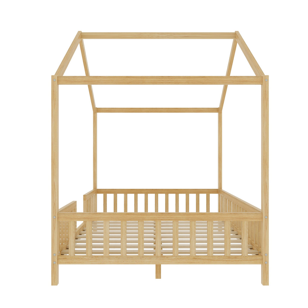 Montessori Floor Bed with Canopy, Full Bed Frame for Kids, House Shape Kids Bed Frame with High Railings, Wood Kids Bed with Roof, Kid Full Bed, Natural