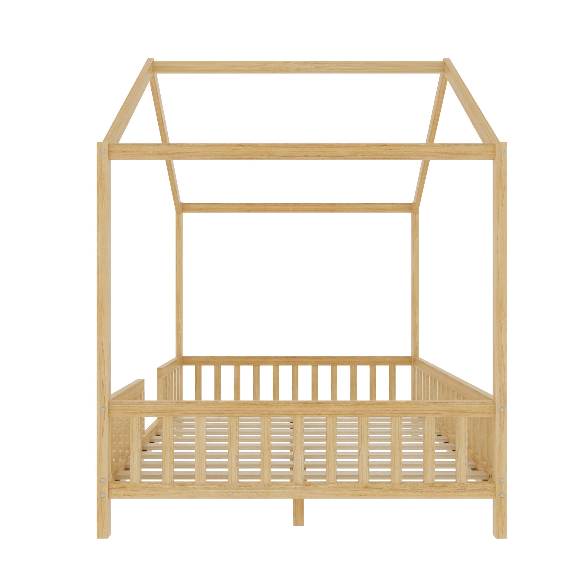 Montessori Floor Bed with Canopy, Full Bed Frame for Kids, House Shape Kids Bed Frame with High Railings, Wood Kids Bed with Roof, Kid Full Bed, Natural