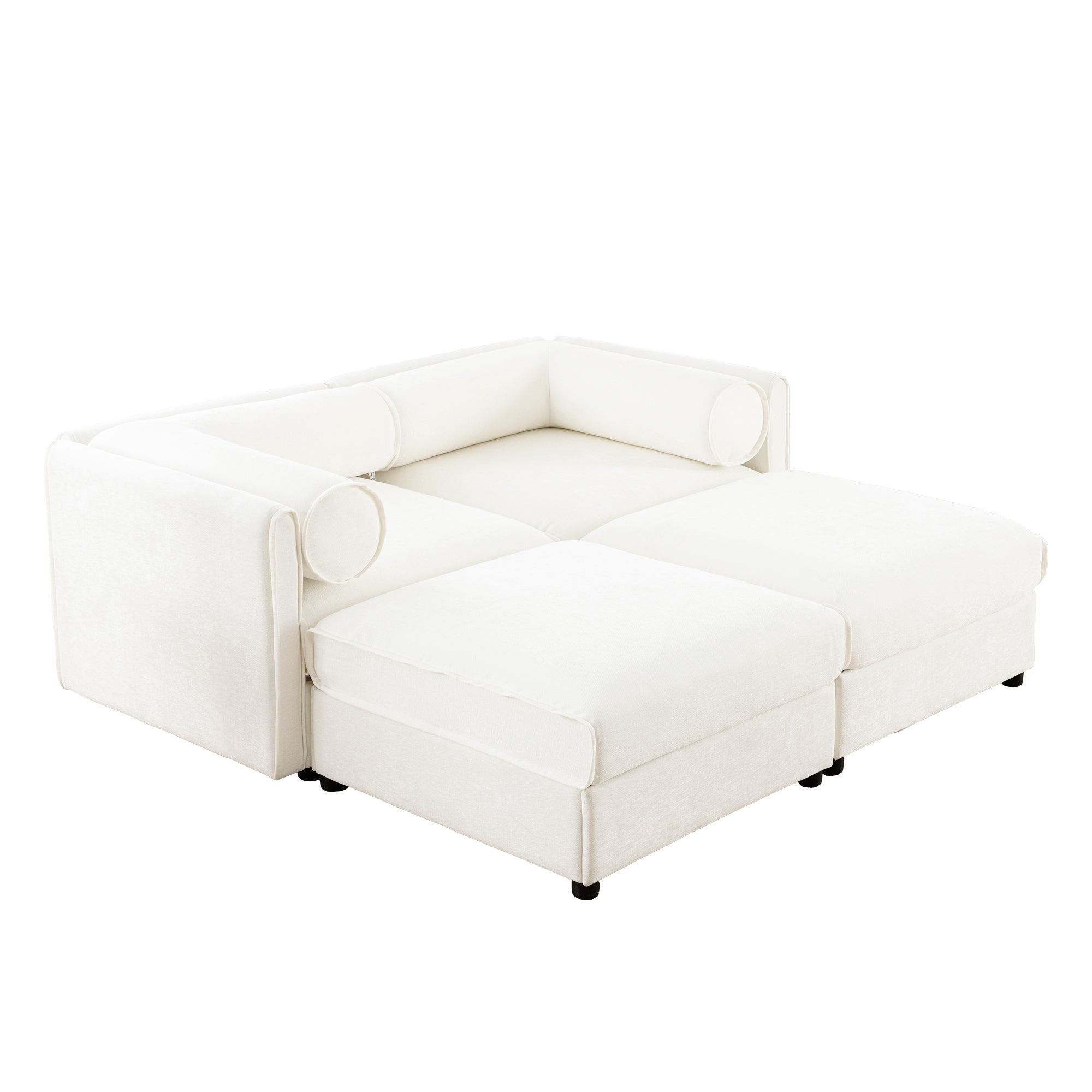 Stylish White Chenille 2-Seater Sofa with 2 Ottoman Storage Seat, Cylindrical Backrest and Armrests, Modern Fabric Loveseat Featuring Hidden Storage Space