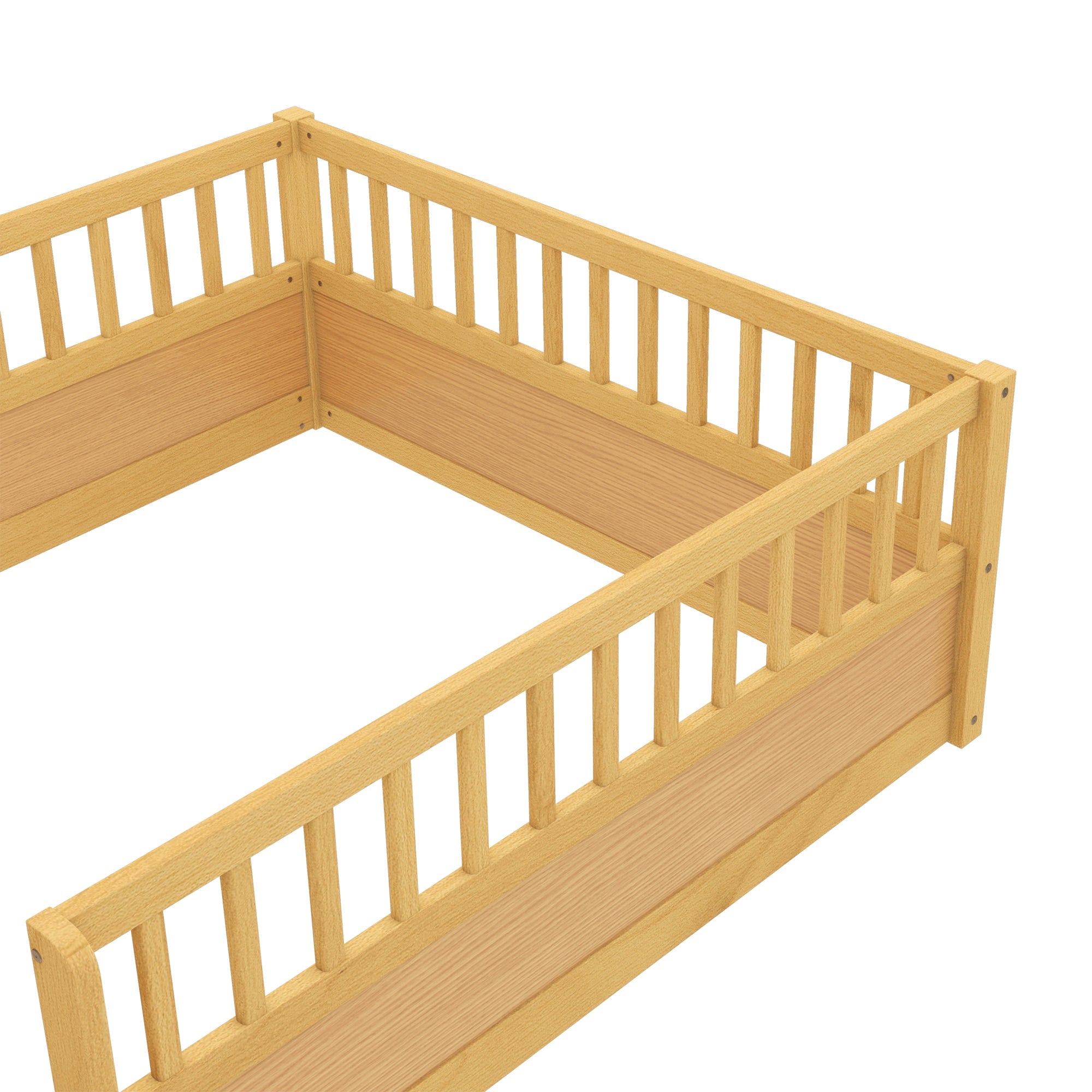 Full Floor Bed Frame with Fence, Montessori wooden children's floor bed,Wood Kids Floor Beds Frame for Bedroom Playroom,Natural