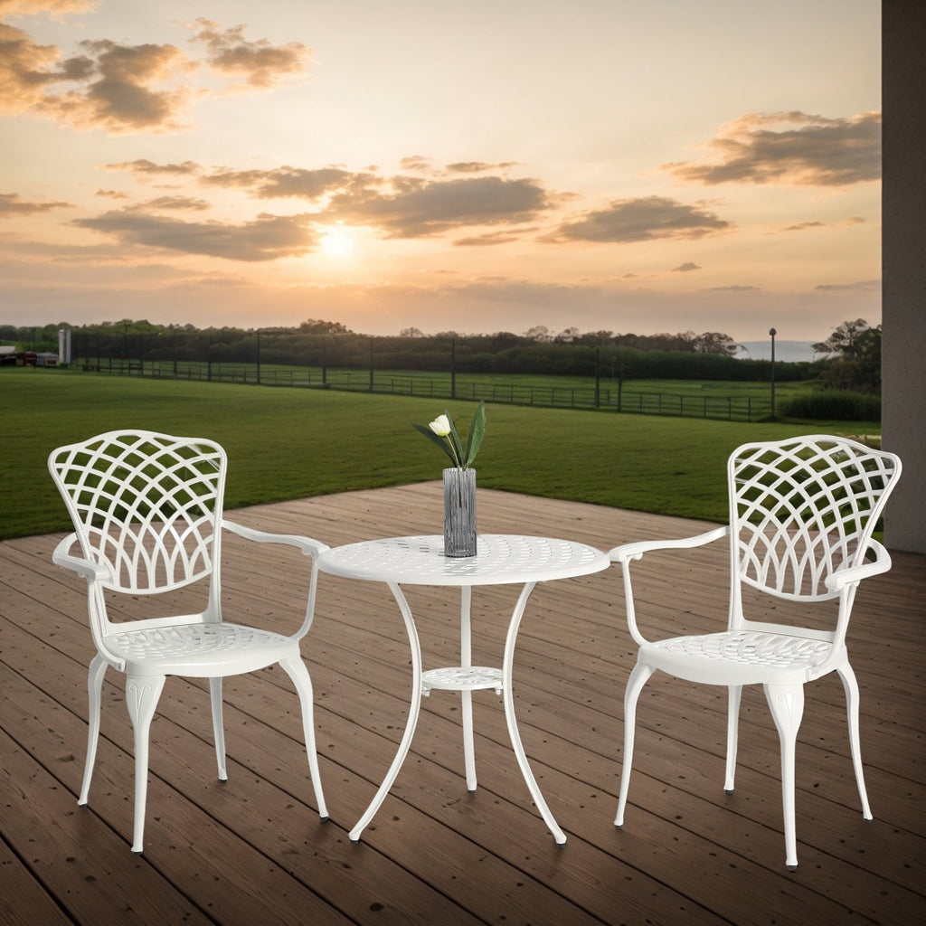 3 Piece Patio Bistro Set Cast Aluminum Bistro Table and Chairs Set of 2 with Umbrella Hole,All Weather Metal Bistro Table Set,Outdoor Patio Furniture Set for Garden White