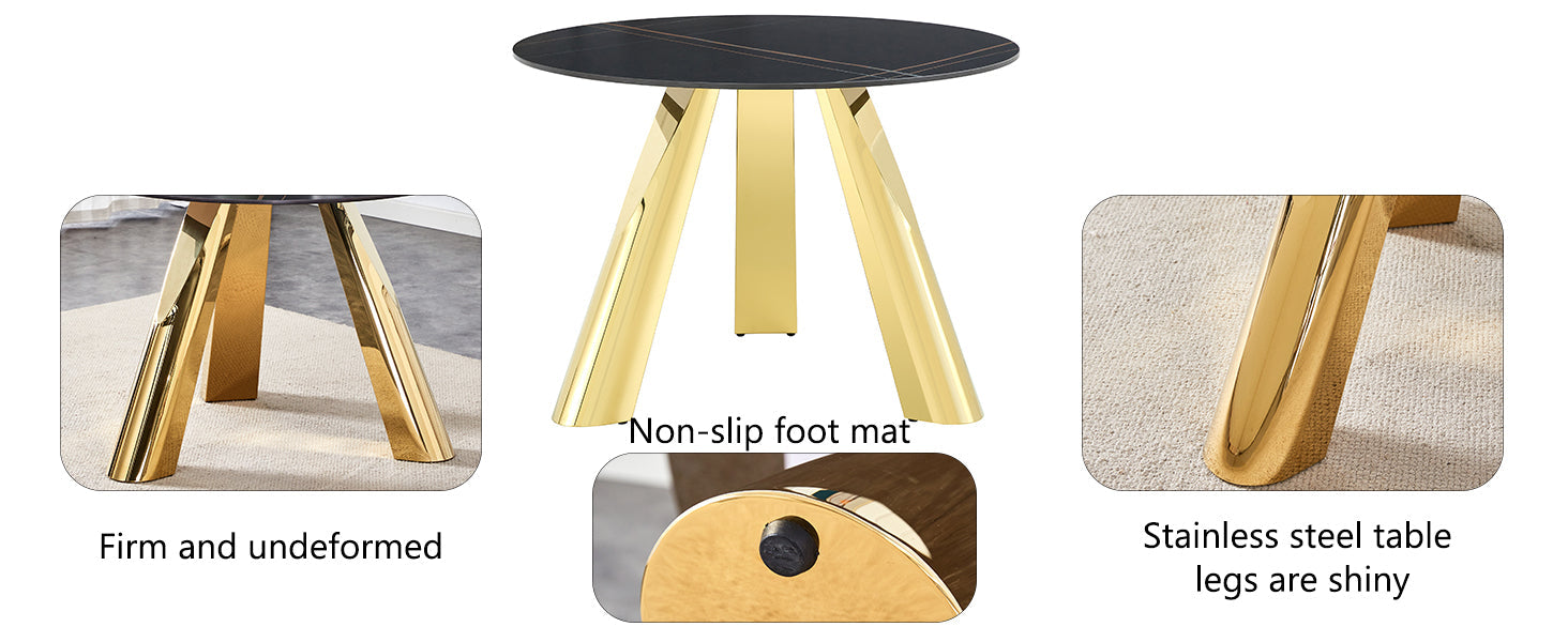 The 42-inch stainless steel gold-plated flamed granite round table with seating for 4 or 6 people is perfect for dining, entertaining, or as a conference table