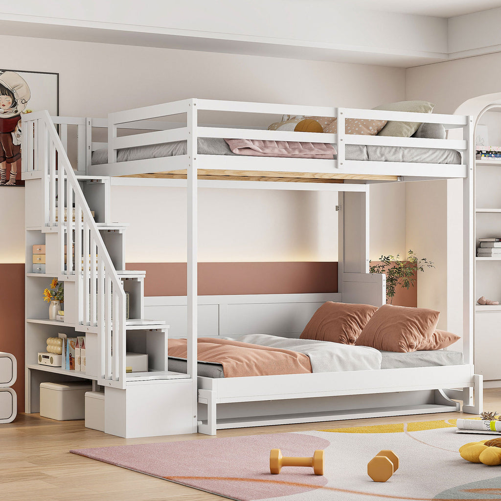 Full Over Full Size Murphy Bed with Hydraulic Lift & Desk Design, White