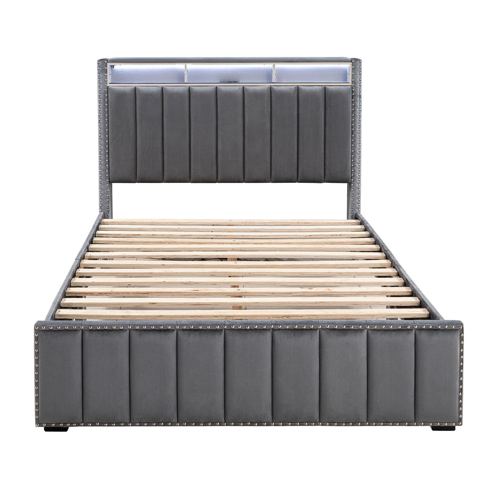 Contemporary 3pc Bedroom Set Full Size Bed 2x Nightstands Bedroom Furniture Dark Gray Fabric Upholstered Bedframe w LED Nailhead Trim
