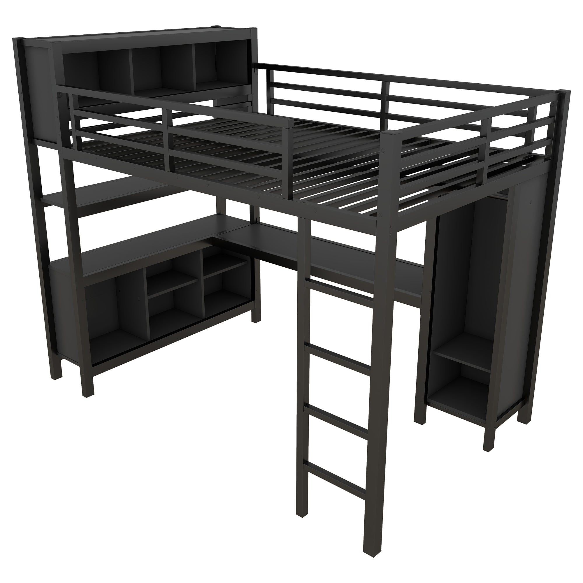 Metal Loft Bed with Wardrobe And L-shaped Desk, Full Size Loft Bed with Storage Cubes and Shelves, Heavy Duty Loft Bed for Kids Teens Adults, Black
