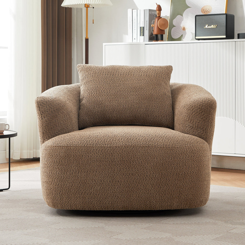 Chenille Upholstered 360° Swivel Chair with Throw Pillow, Dark Brown, 38.2' Accent Chair Sofa for Living Room and Office