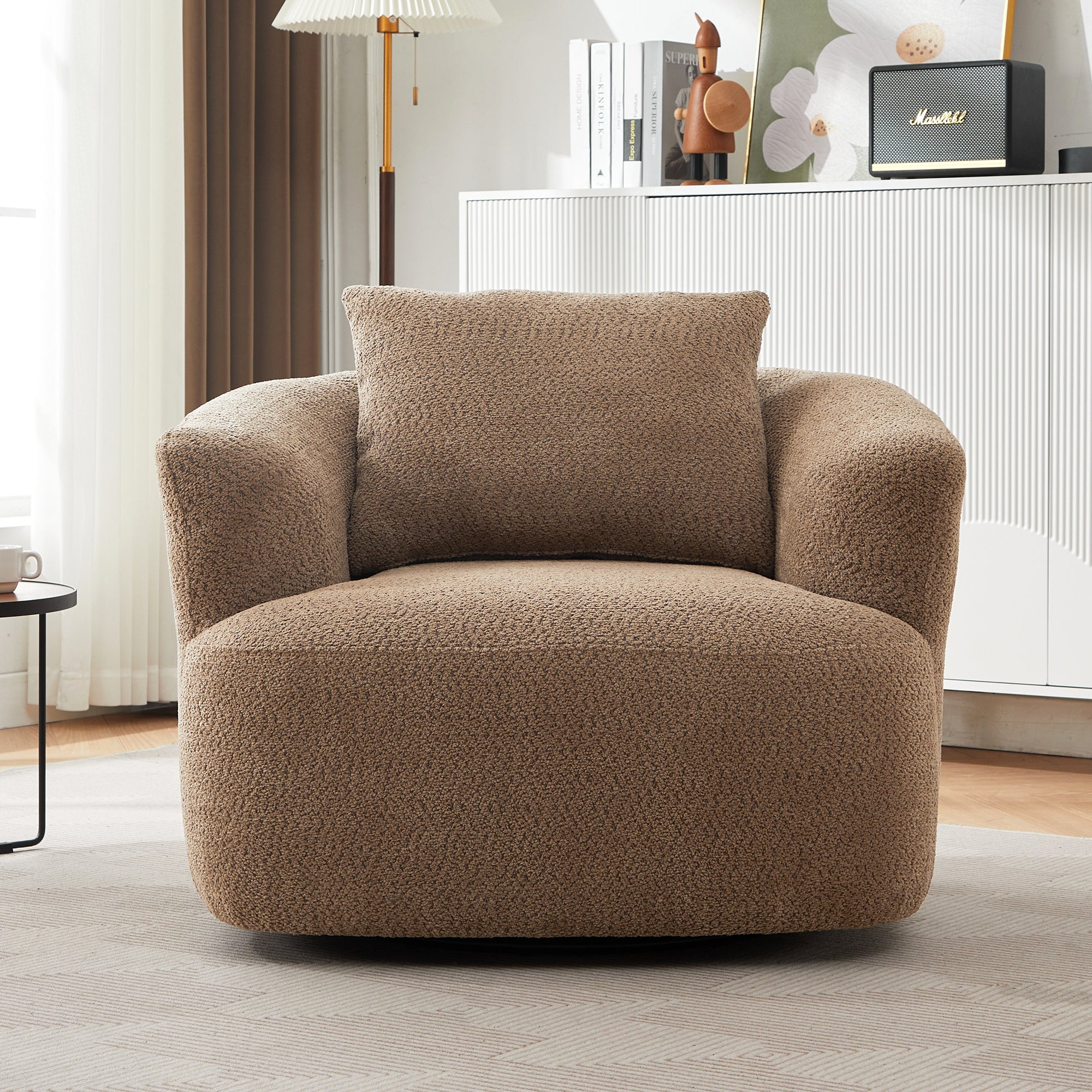 Chenille Upholstered 360° Swivel Chair with Throw Pillow, Dark Brown, 38.2' Accent Chair Sofa for Living Room and Office